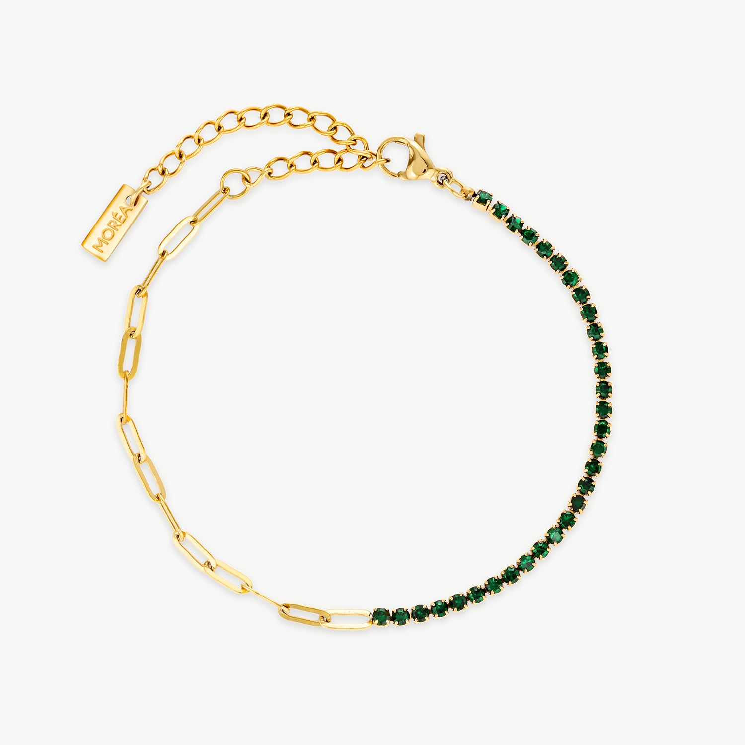 gold and green bracelet with deep green cubic zirconia stones and elongated gold chain links