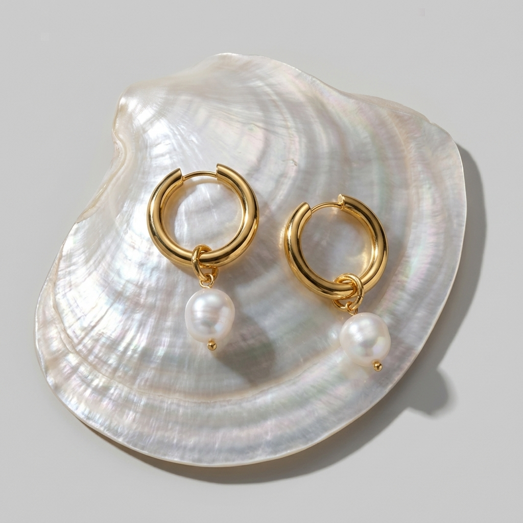 gold and pearl hoop earrings featuring radiant freshwater pearl drops, polished gold hoops, and a timeless waterproof everyday jewelry style