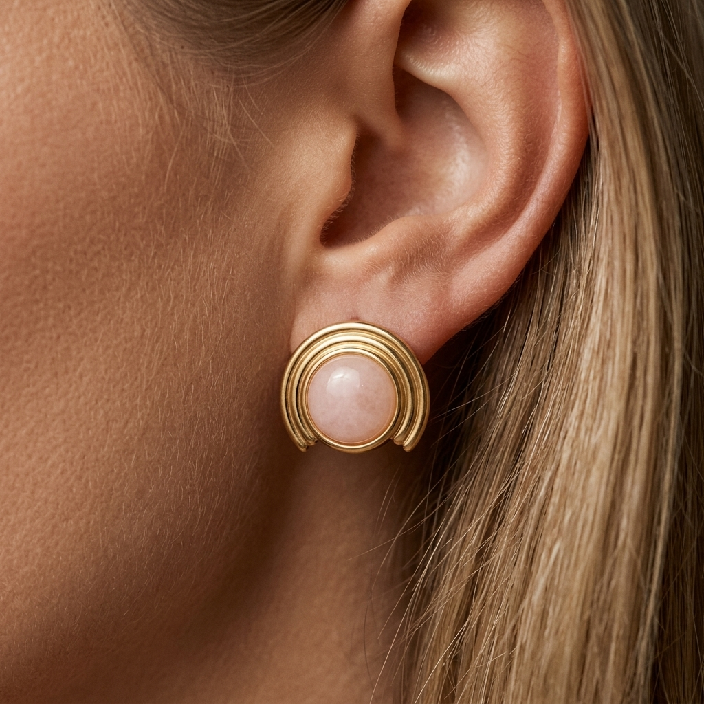 gold and pink stud earrings with a round pink center stone