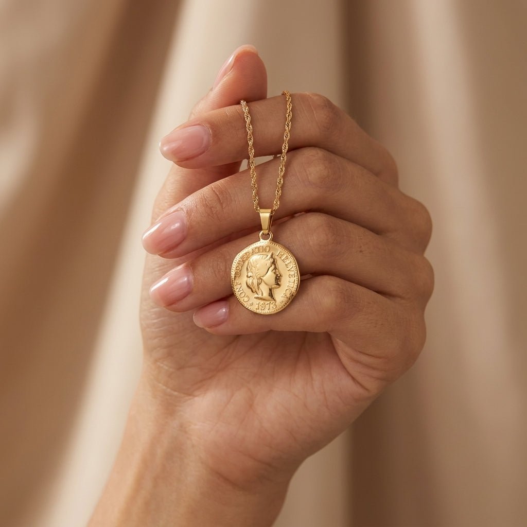 gold coin pendant necklace with antique inspired portrait design