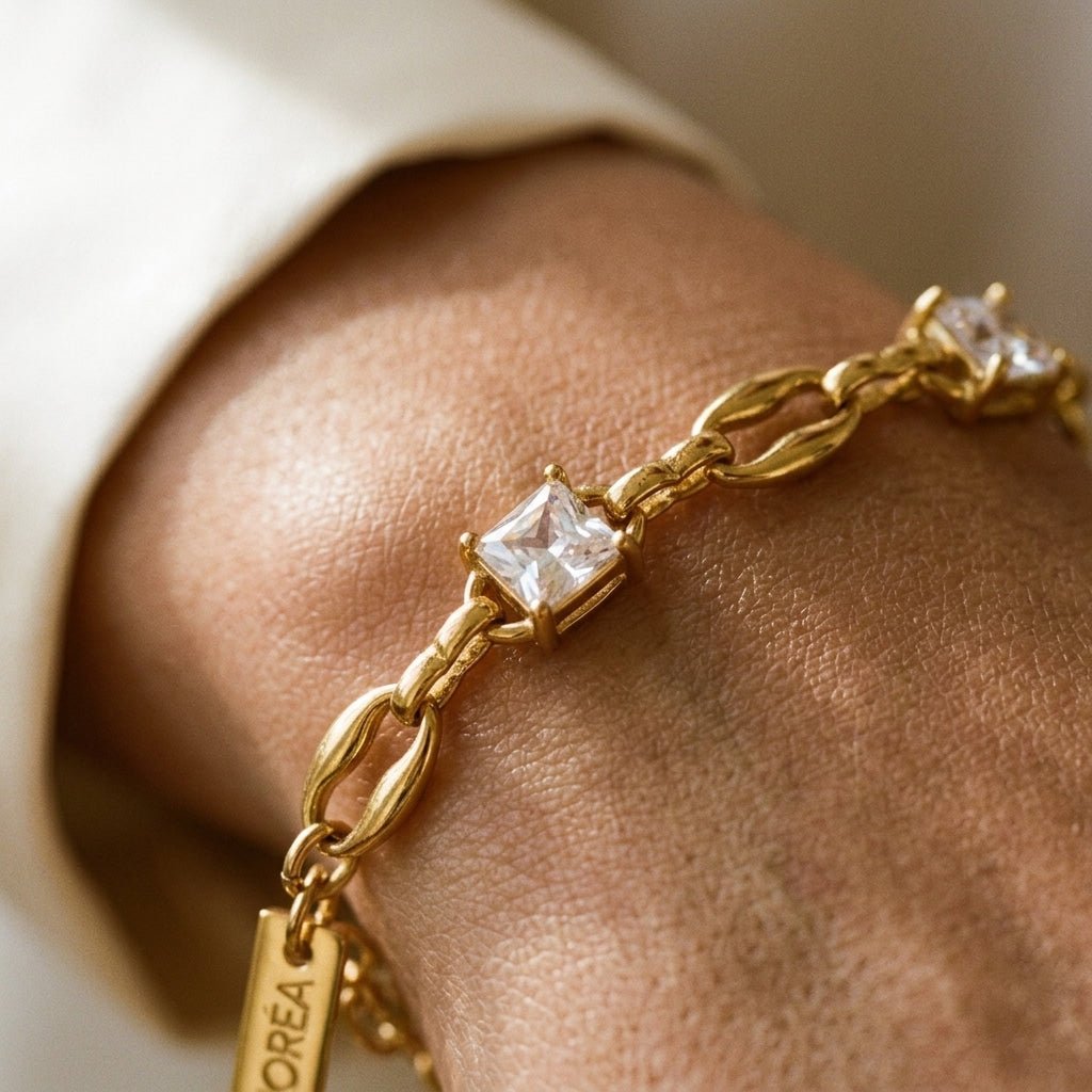 gold CZ link bracelet with clear statement stones