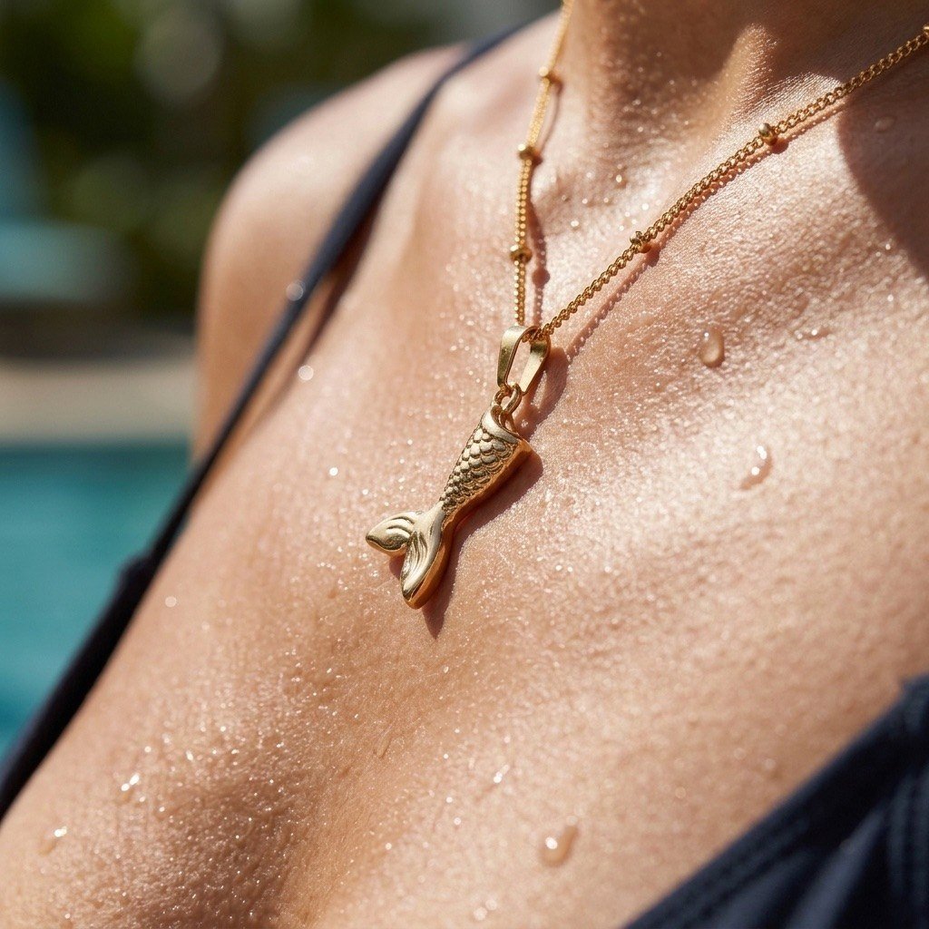 gold mermaid tail pendant on a delicate beaded chain styled with minimalist jewelry