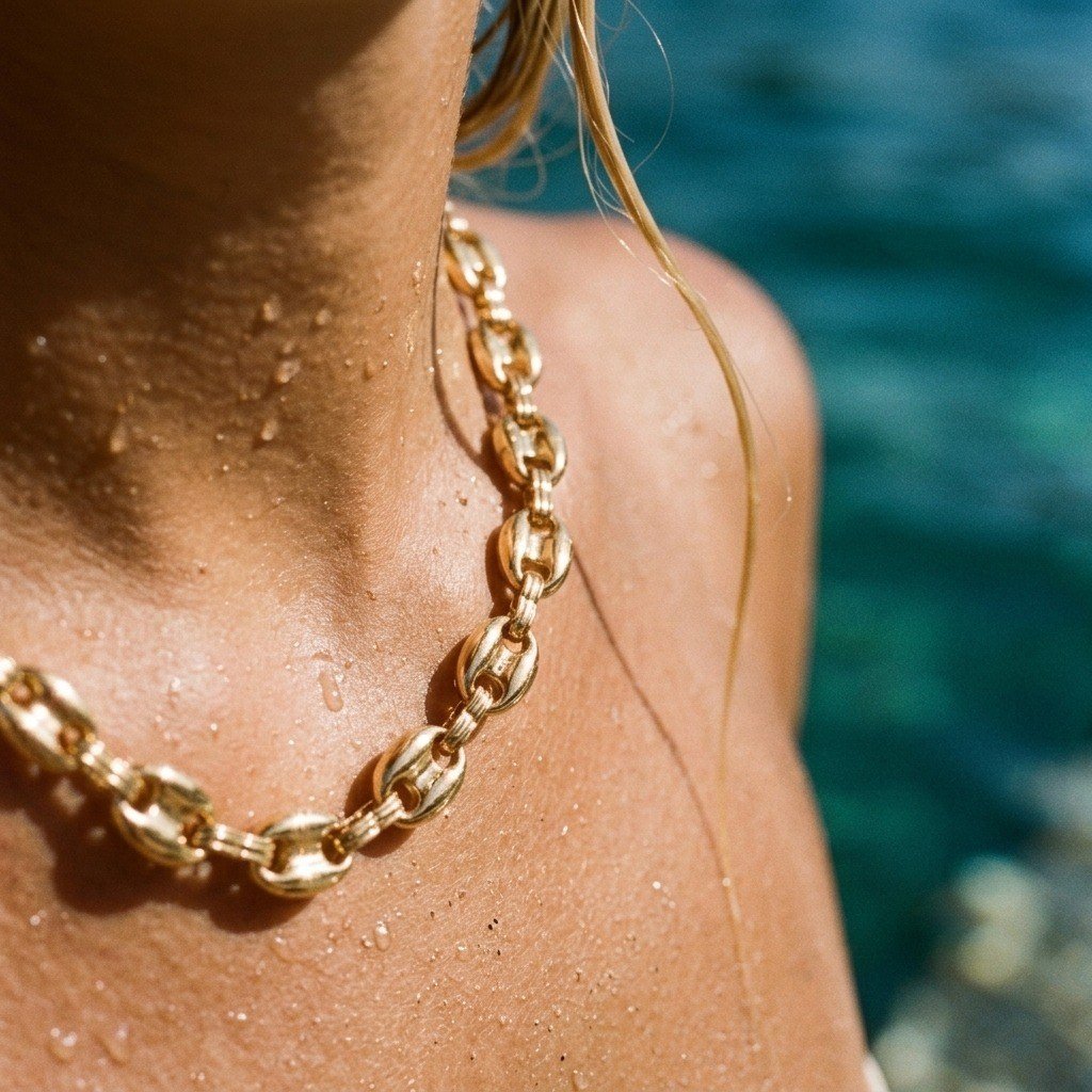 gold nautical link necklace with distinctive oval links inspired by classic maritime chain designs
