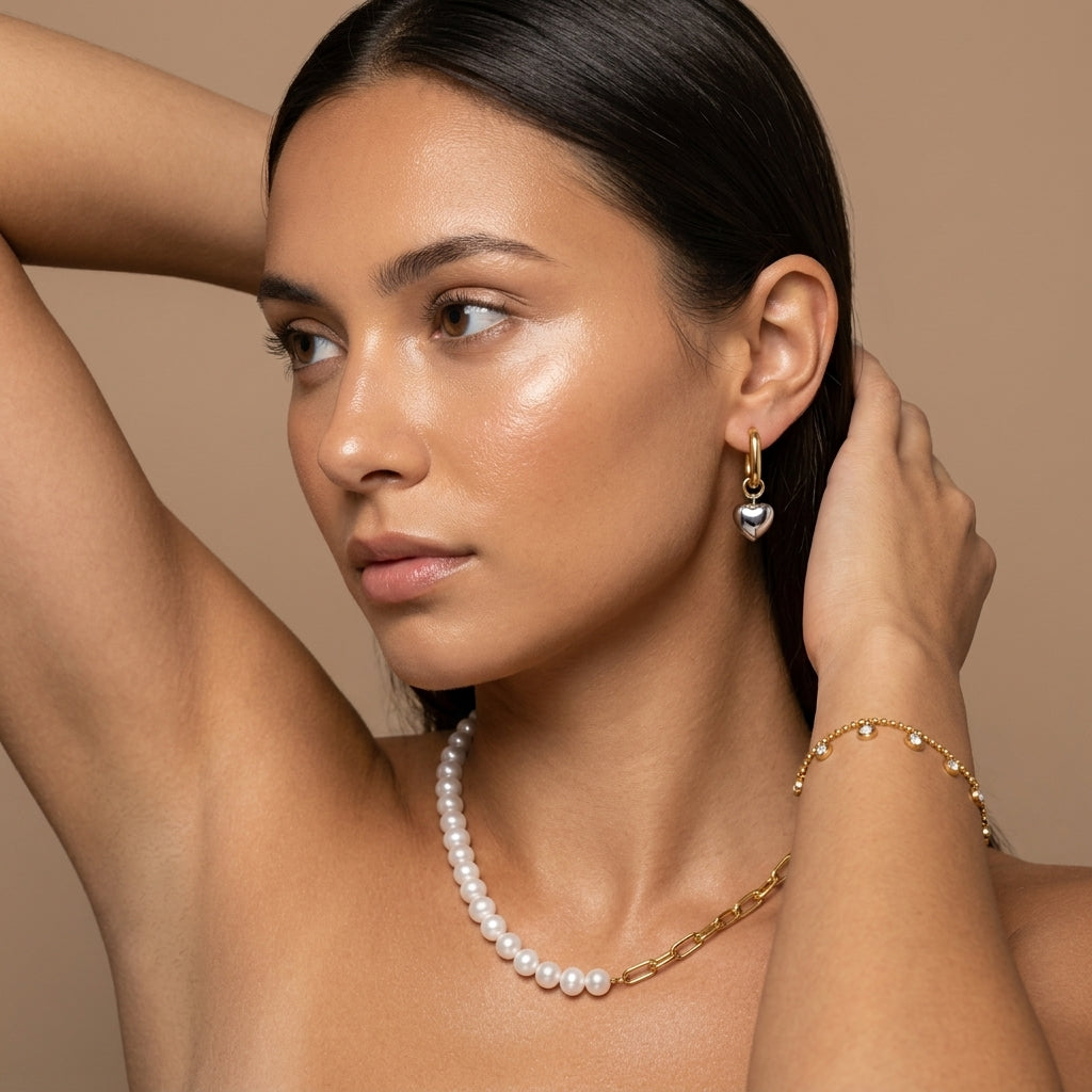 gold pearl chain necklace for women featuring glossy white pearls and elongated gold links for an elegant modern jewelry look