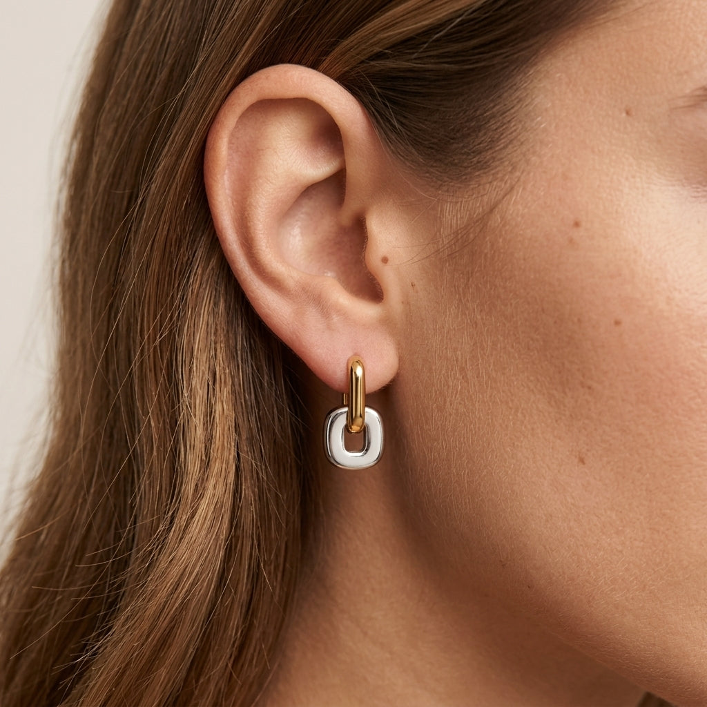 gold silver hoop earrings featuring sleek gold hoops and dangling silver open square pendants for stylish everyday jewelry
