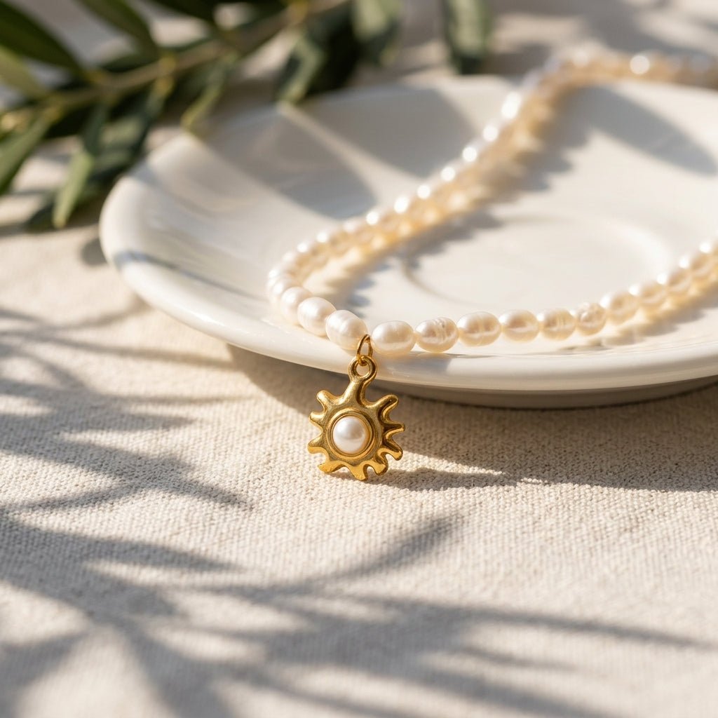 gold sun pendant pearl necklace with a strand of white pearls