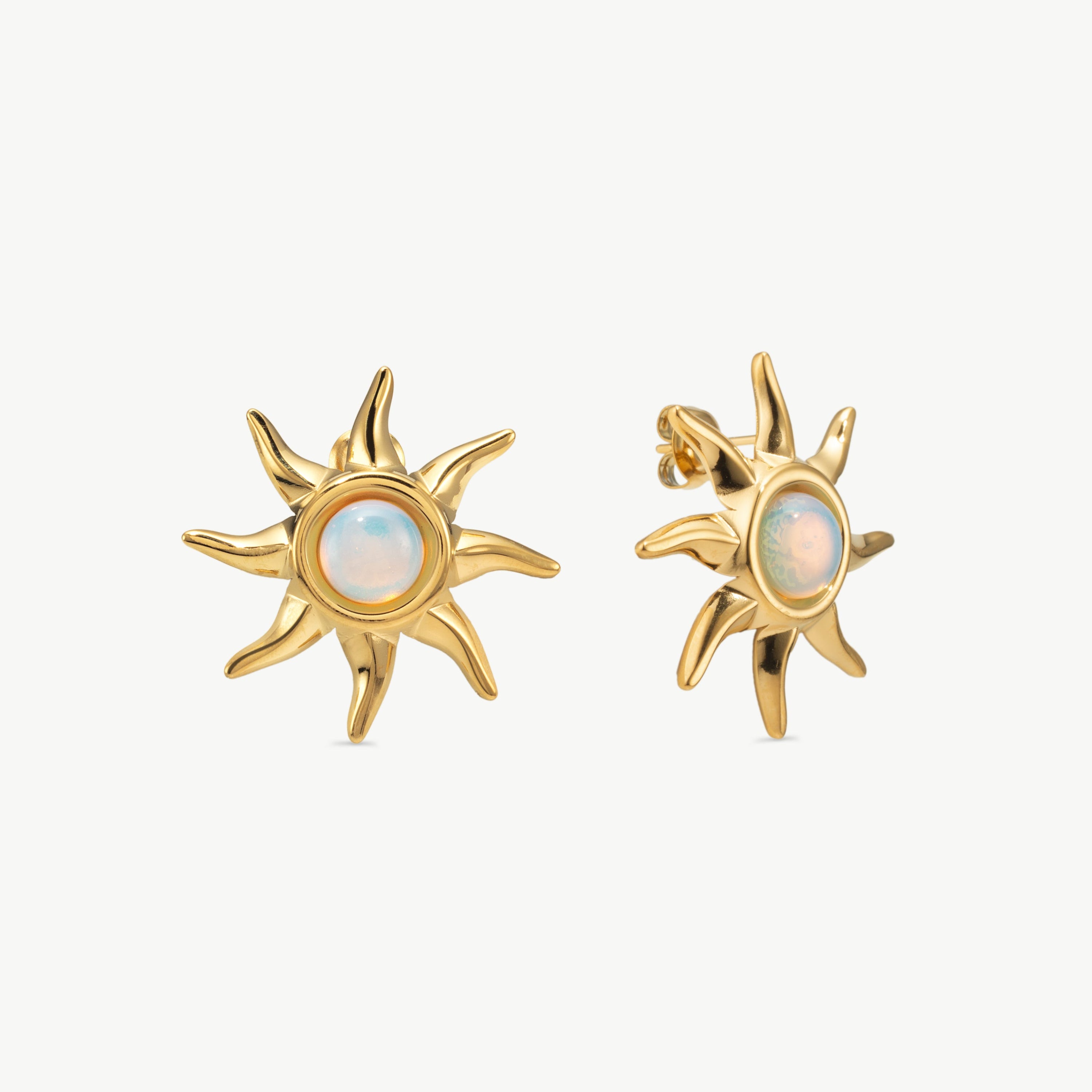 gold sun stud earrings celestial sun shape earrings with opal center stone set in gold creating radiant boho inspired stud earrings
