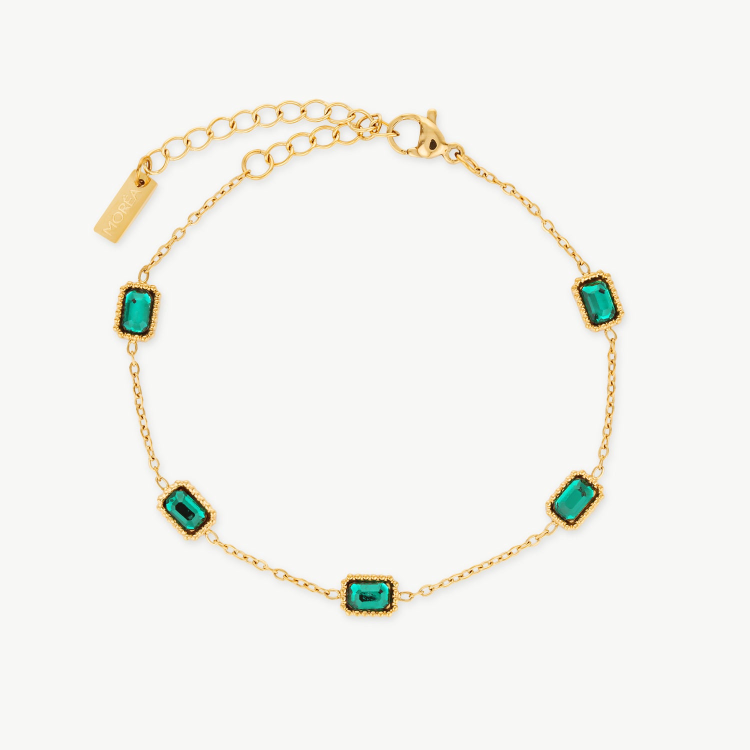 green crystal bracelet with emerald-cut premium green cubic zirconia on a delicate gold chain