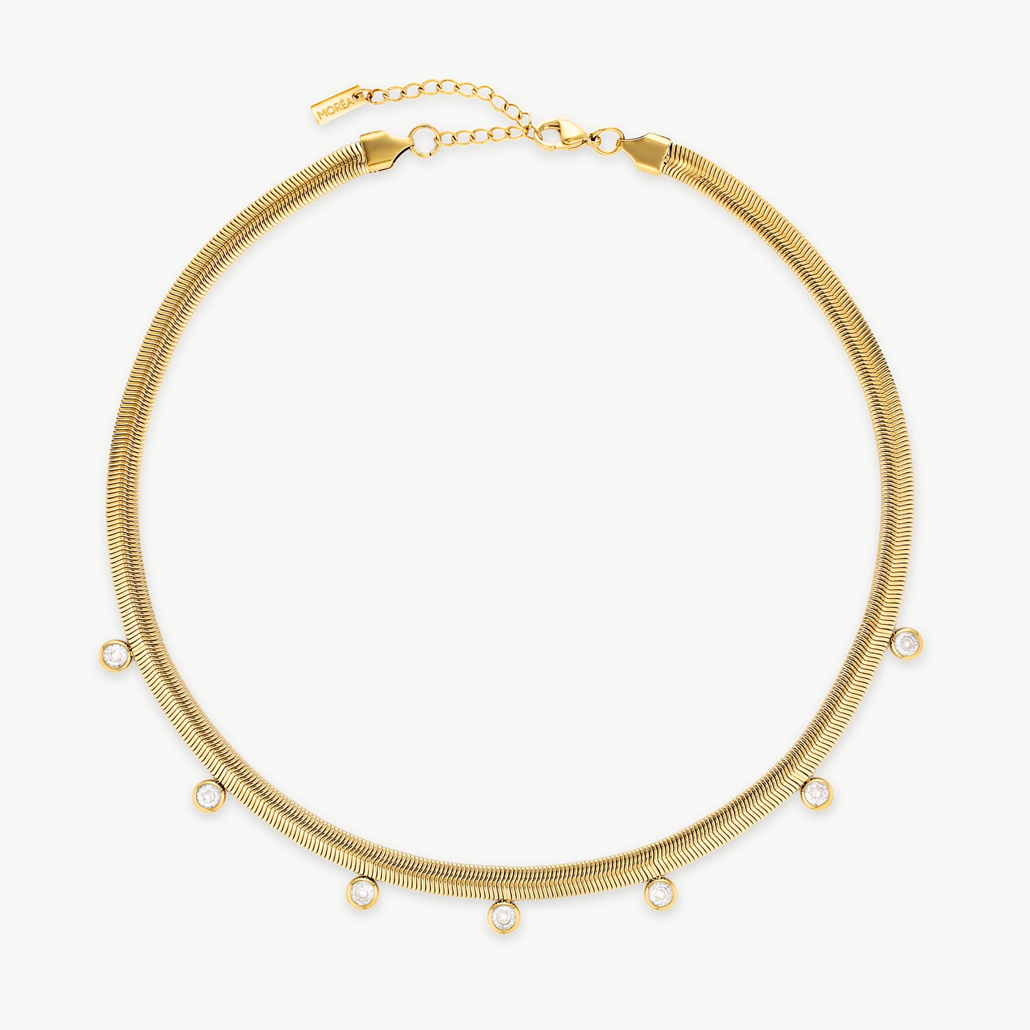 gold herringbone choker with flat snake chain and crystal cubic zirconia pendants