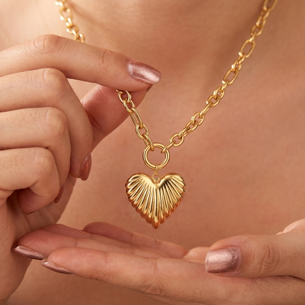 large gold heart necklace with statement pendant and modern chunky chain style