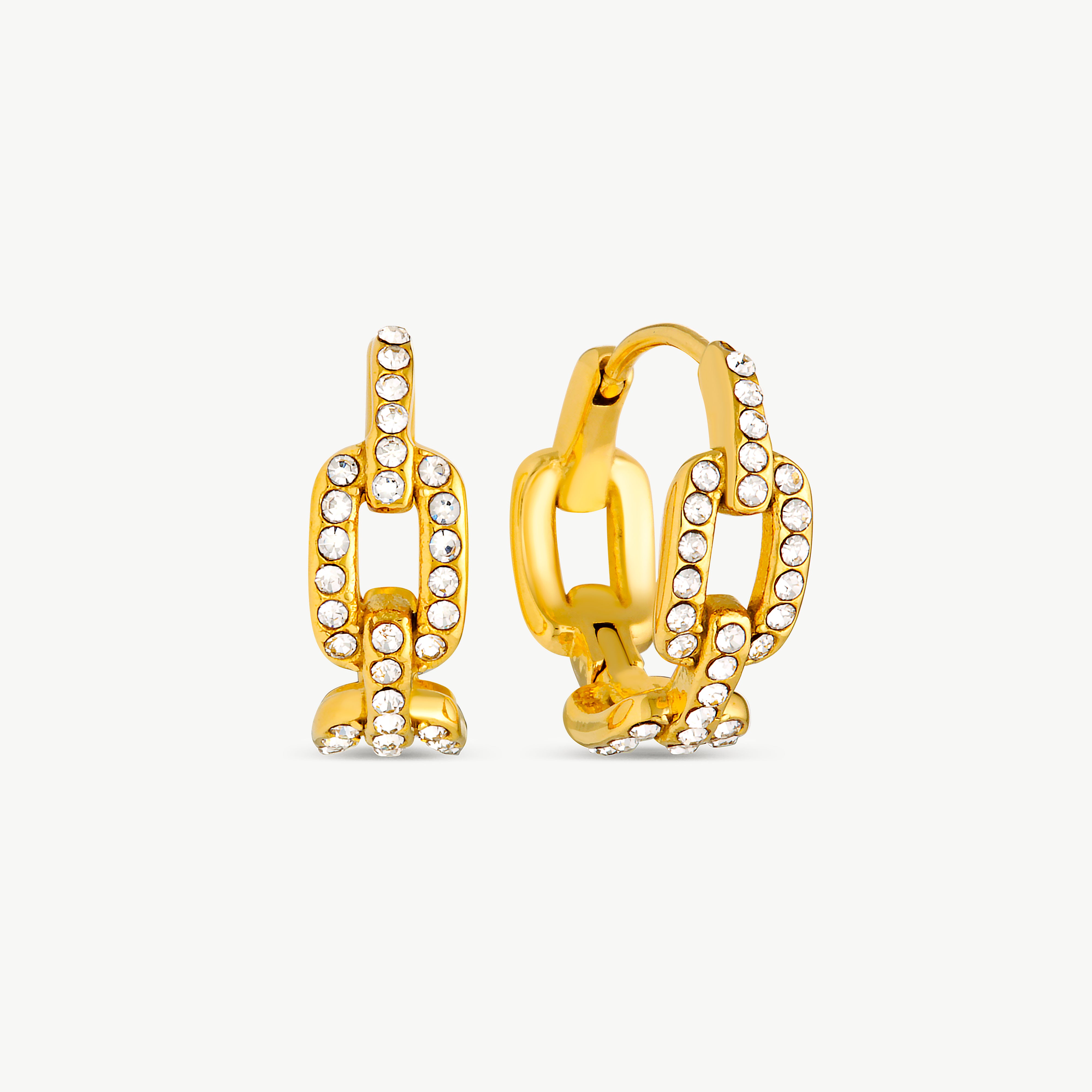 link hoop earrings with sculptural gold chain links set with sparkling cubic zirconia stones in a bold polished hoop design