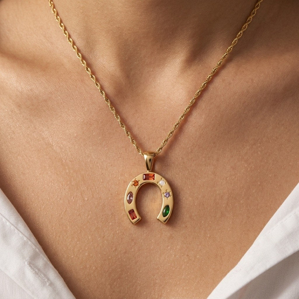 lucky horseshoe necklace with a colorful gemstone-inspired pendant and gold chain