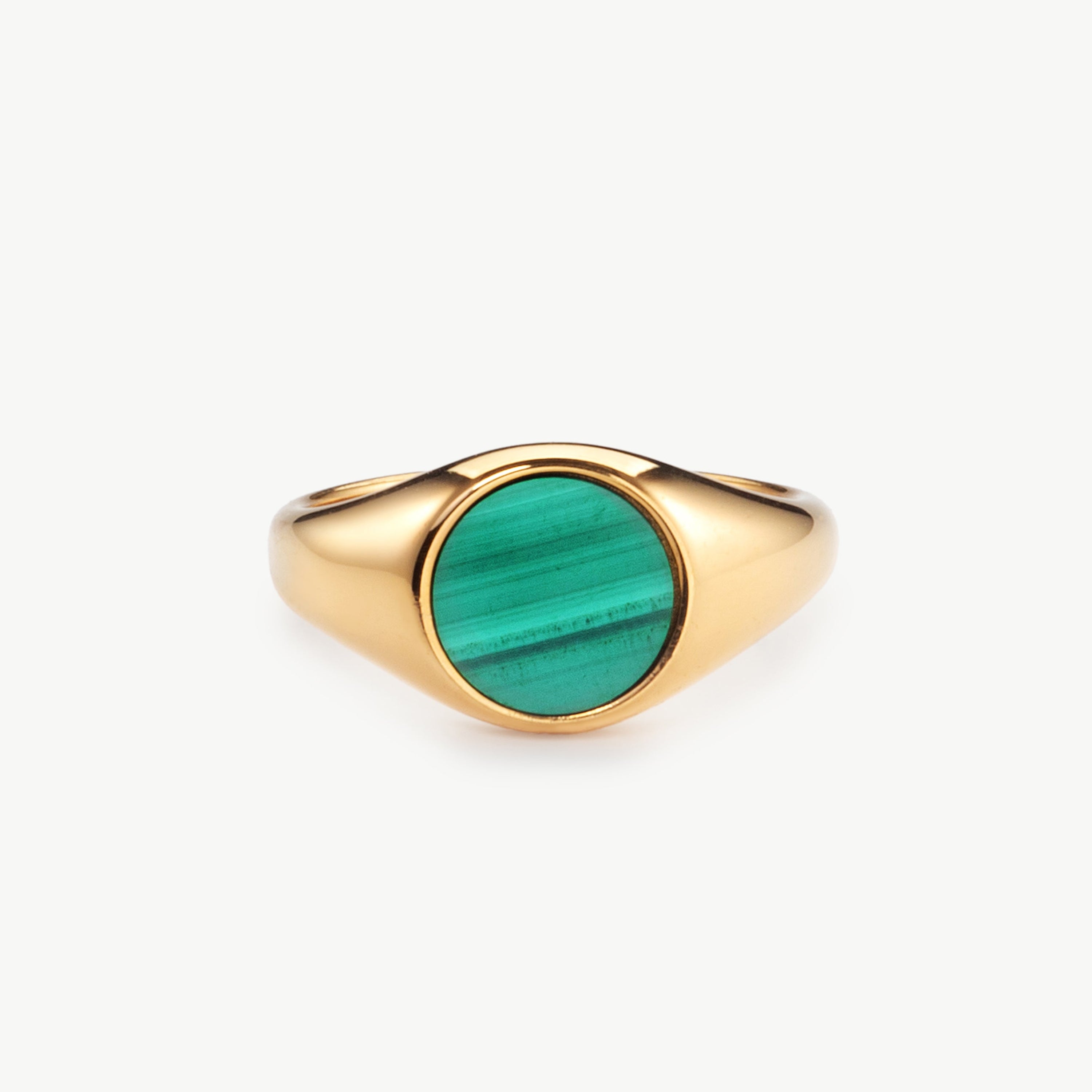 malachite signet ring in gold with green stone, gold malachite ring with polished finish and emerald green signet ring styling