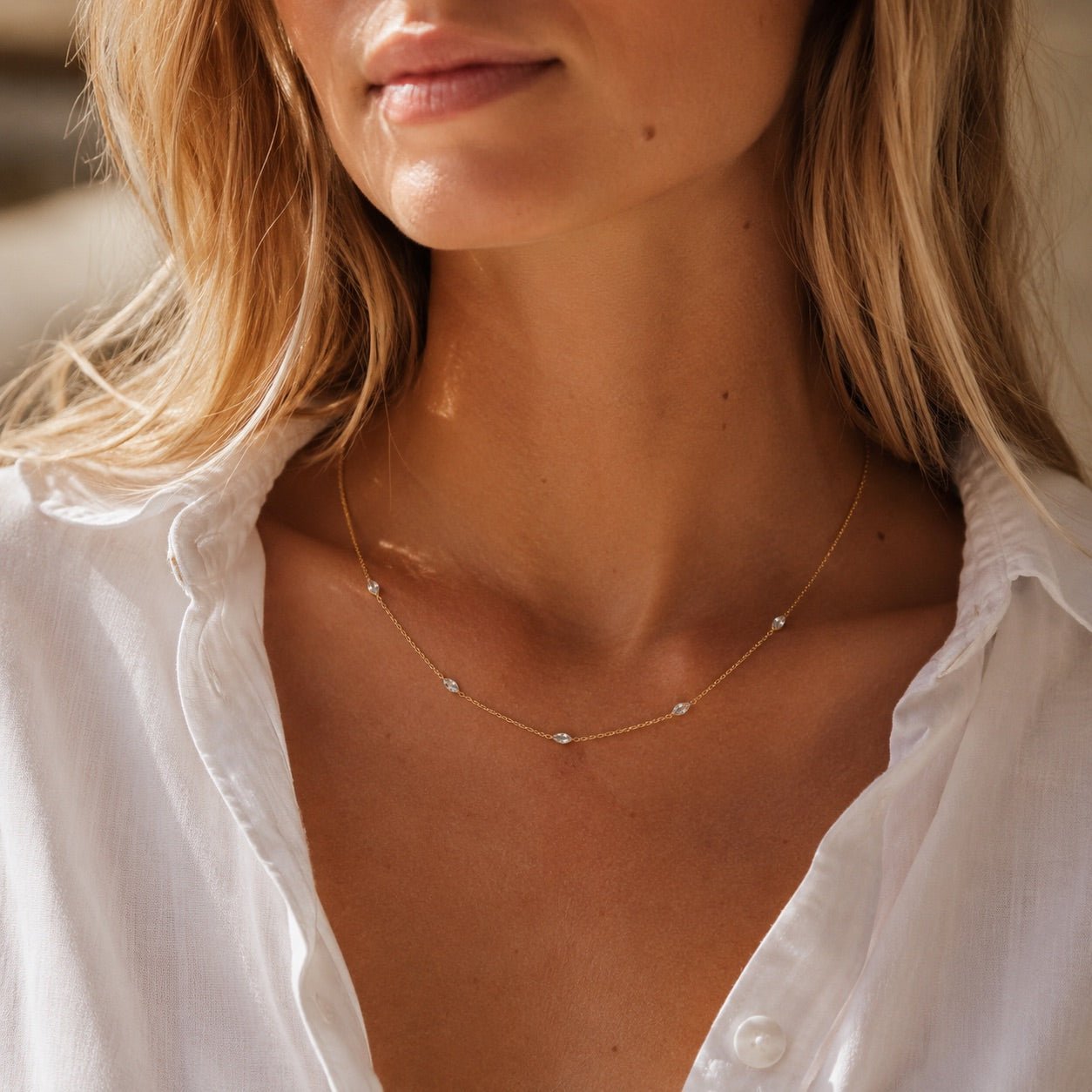 minimalist gold necklace with floating crystal stations waterproof and tarnish free
