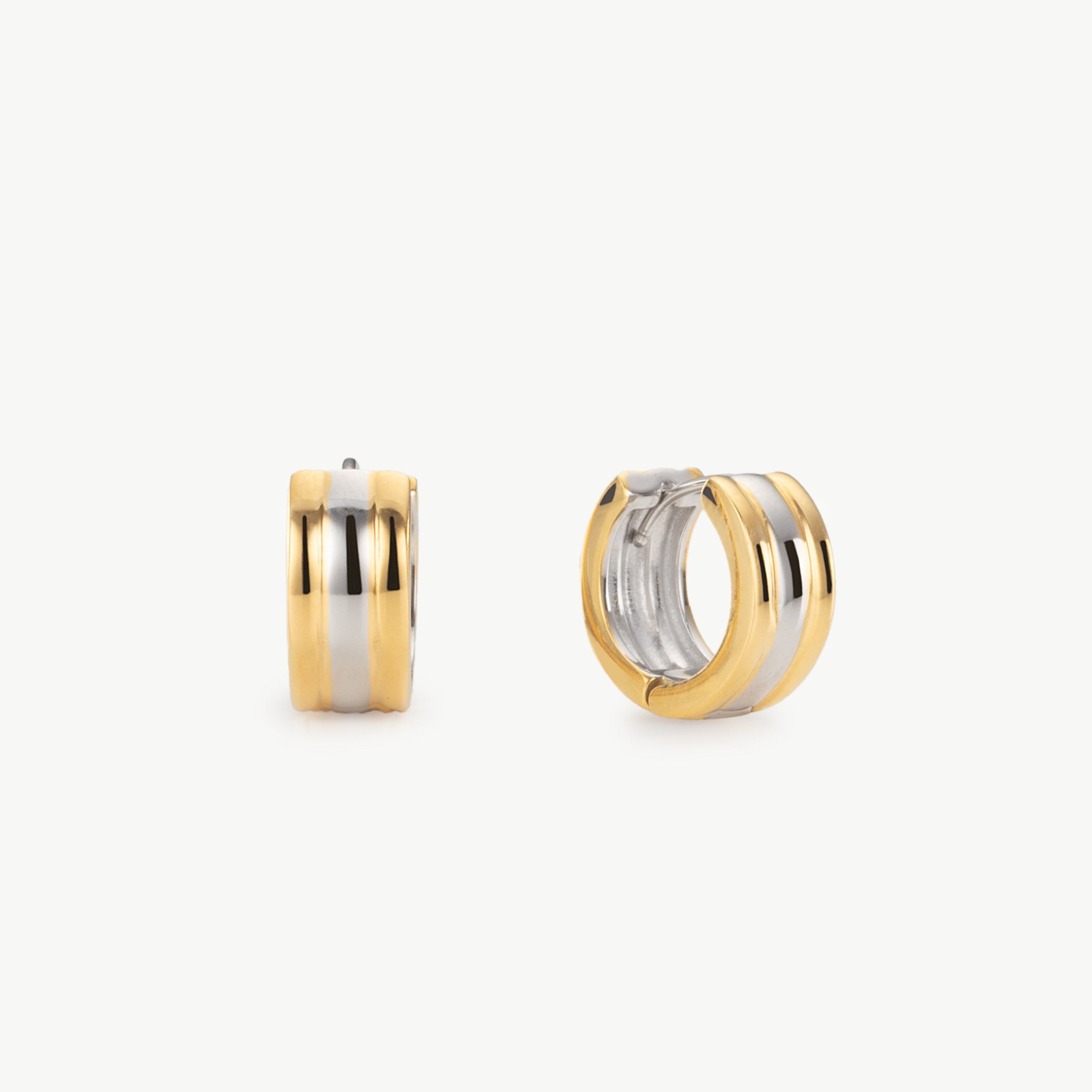 mixed metal huggie earrings gold and silver two tone hoop earrings with sleek modern design and polished mixed metal finish for everyday jewelry