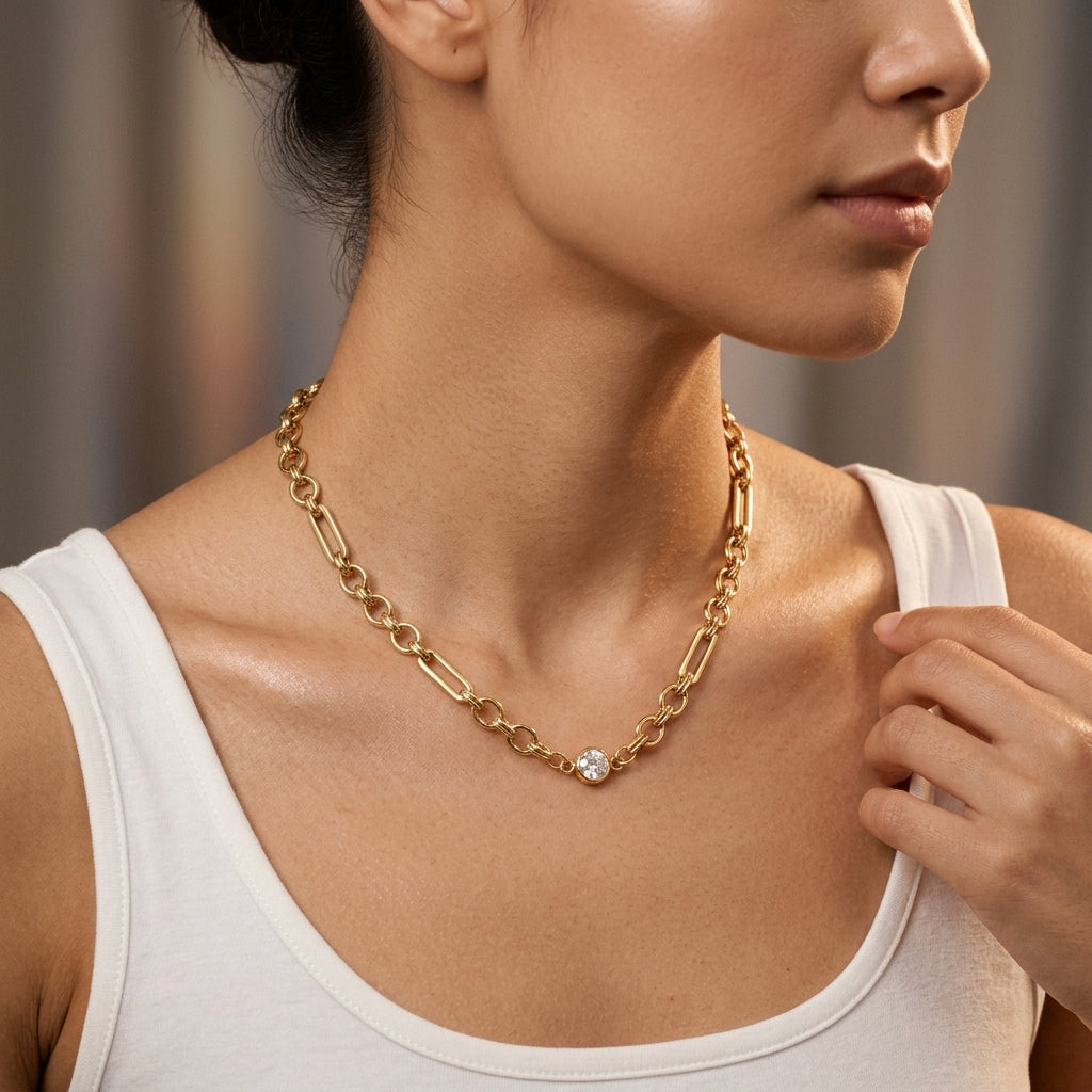 modern gold link necklace with a sparkling crystal center and polished elongated links worn by a woman for a chic summer jewelry look