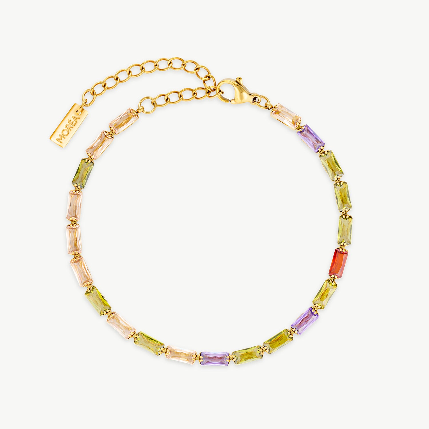 multi color crystal bracelet with rainbow baguette crystals and polished gold detailing inspired by luxury colorful jewelry