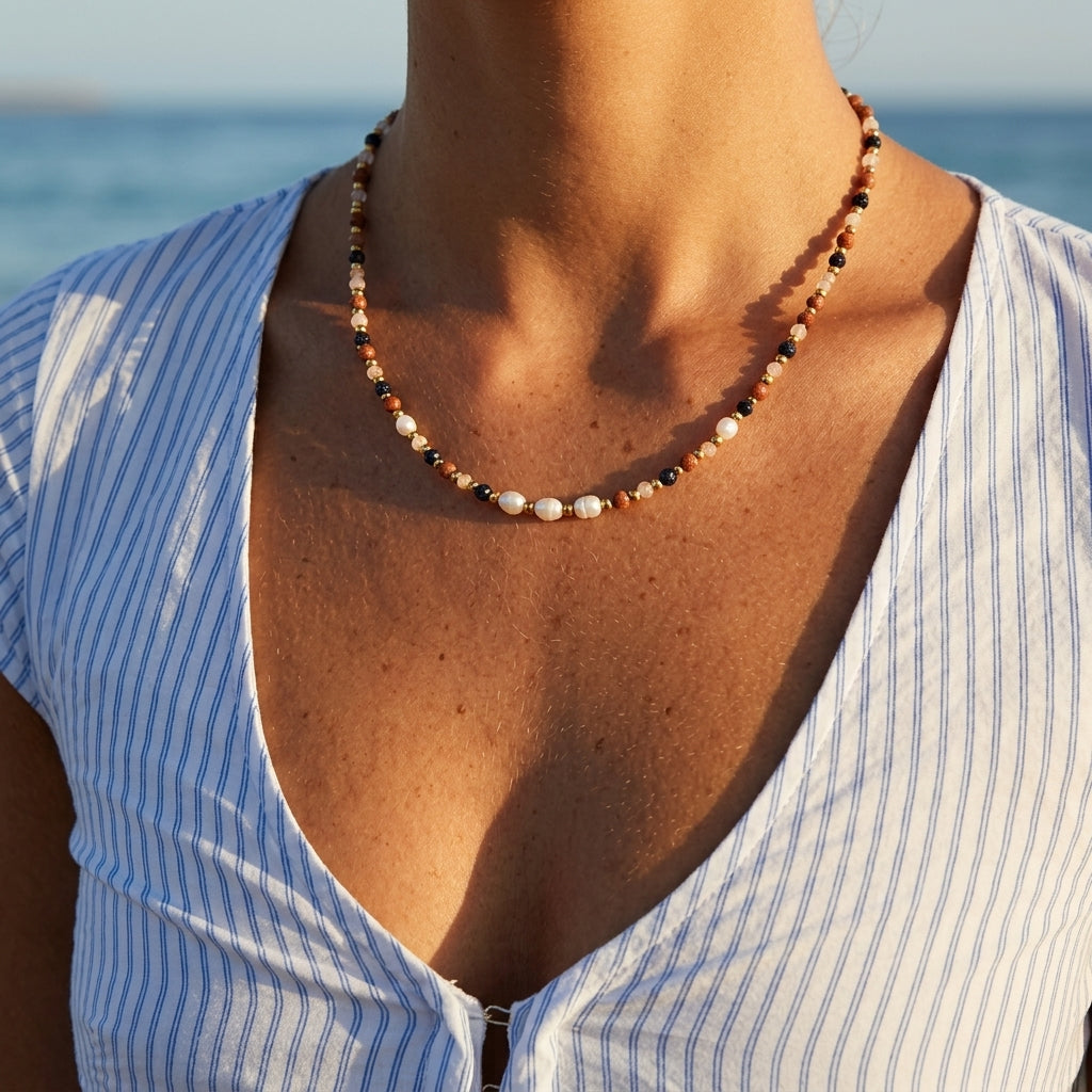 multicolor beaded choker necklace with small gemstone style beads and pearls