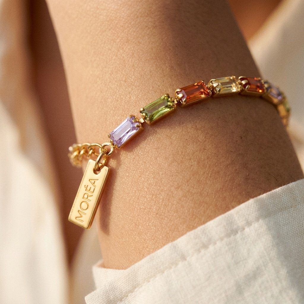 multicolor cubic zirconia bracelet with colorful baguette-cut CZ stones set on a delicate gold chain