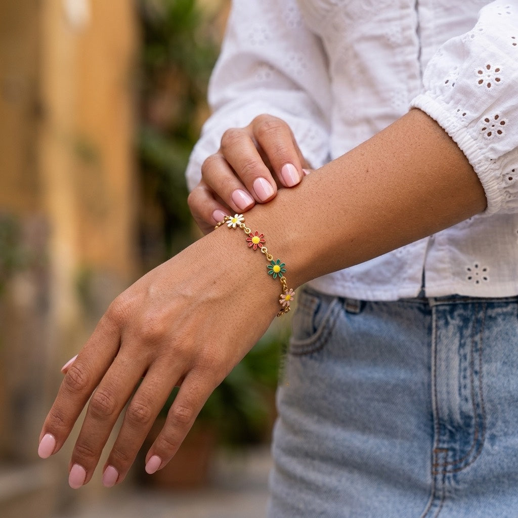 multicolor daisy charm bracelet featuring white pink red and green enamel flowers with bright yellow centers and polished gold links for feminine floral jewelry 
