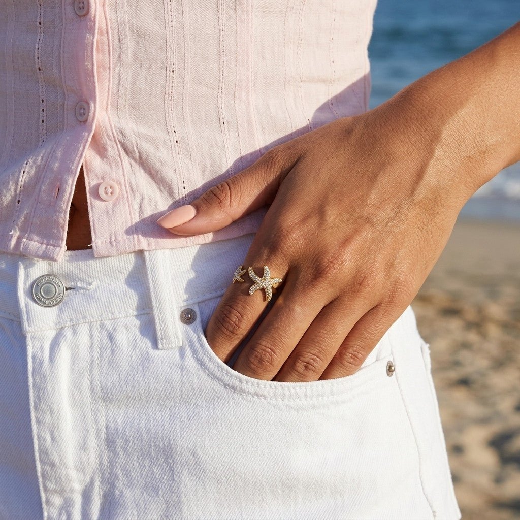 ocean inspired gold ring featuring sparkling starfish motifs and an open wrap design