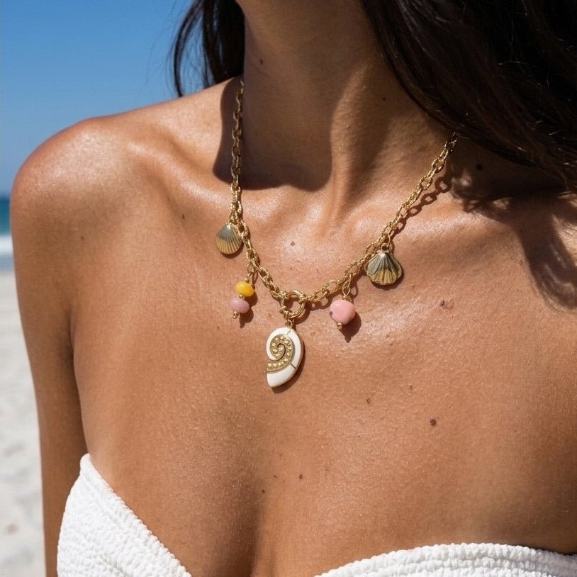 ocean necklace gold featuring shell and sea themed pendants