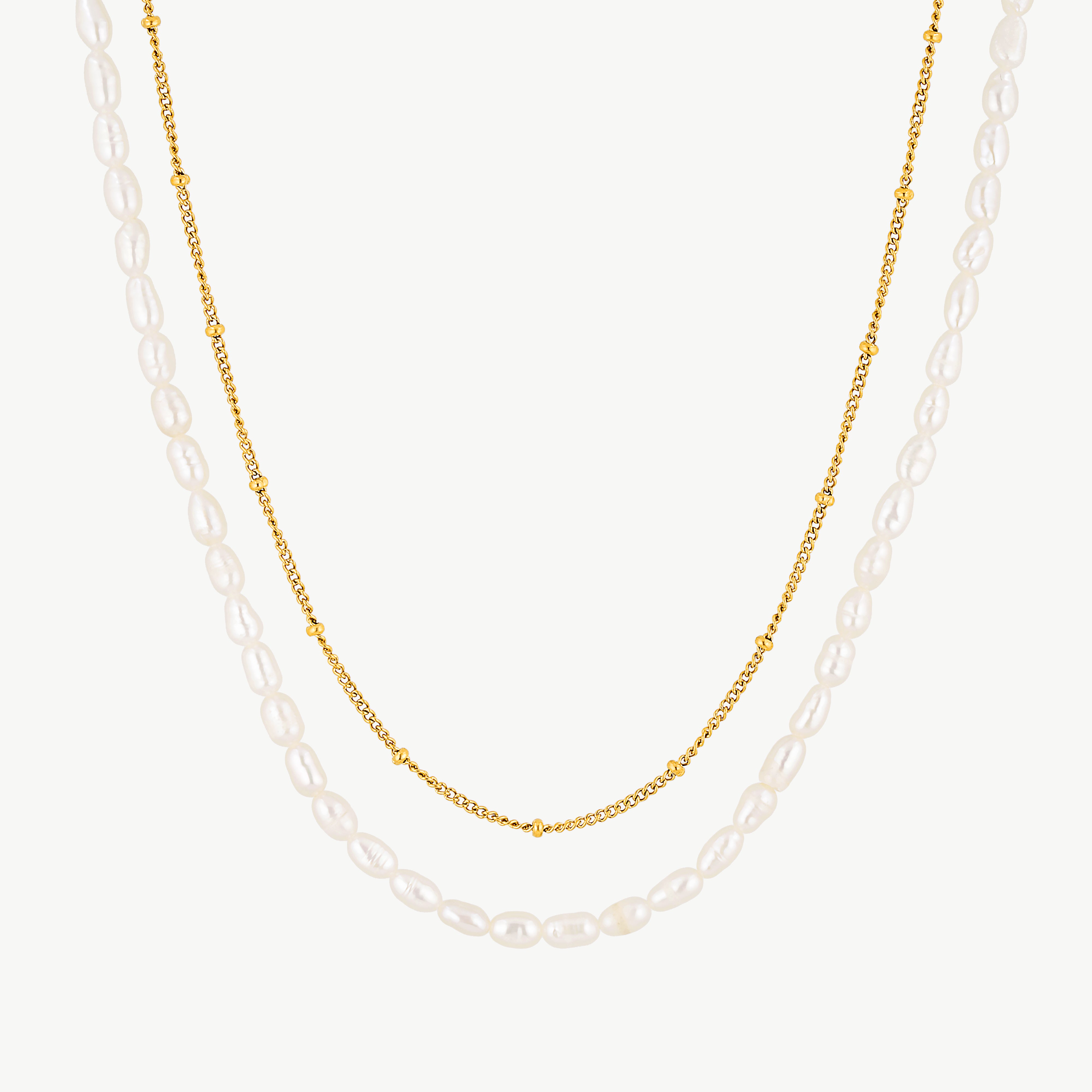 pearl and gold chain necklace with genuine freshwater pearls and a double-layer gold chain