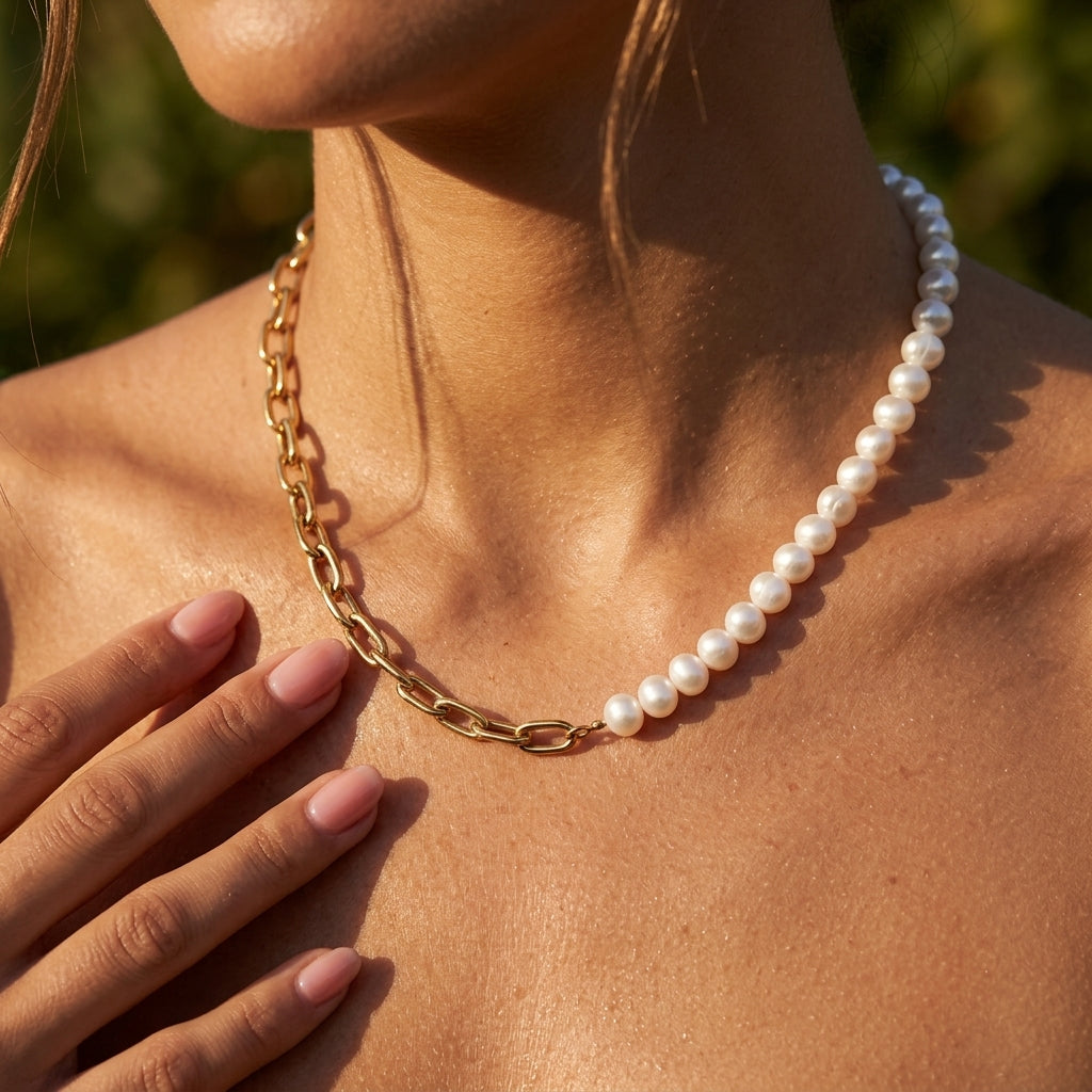 pearl and gold necklace for women featuring glossy white pearls on one side and polished gold paperclip chain links on the other for a chic modern jewelry look 