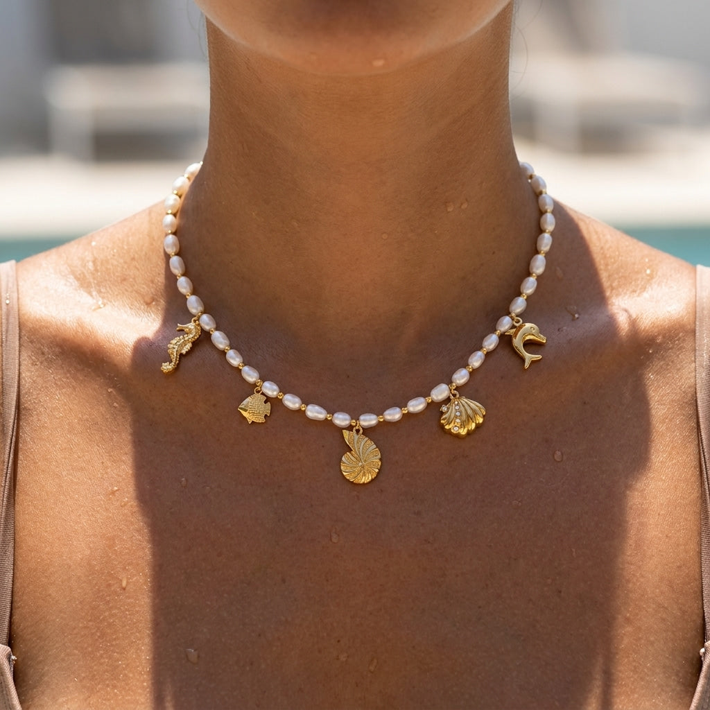 pearl beach charm necklace with gold seashell fish and seahorse charms