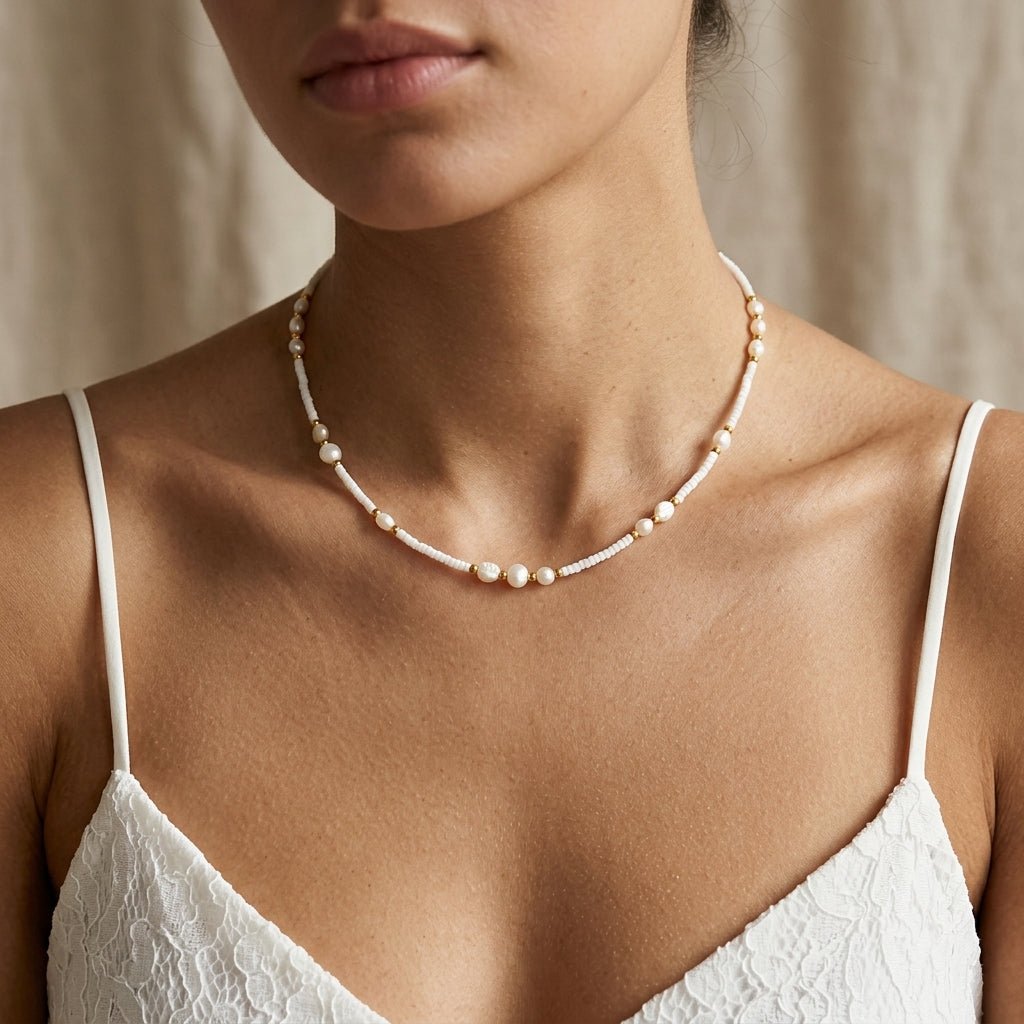 pearl and white bead choker necklace with minimalist gold accents