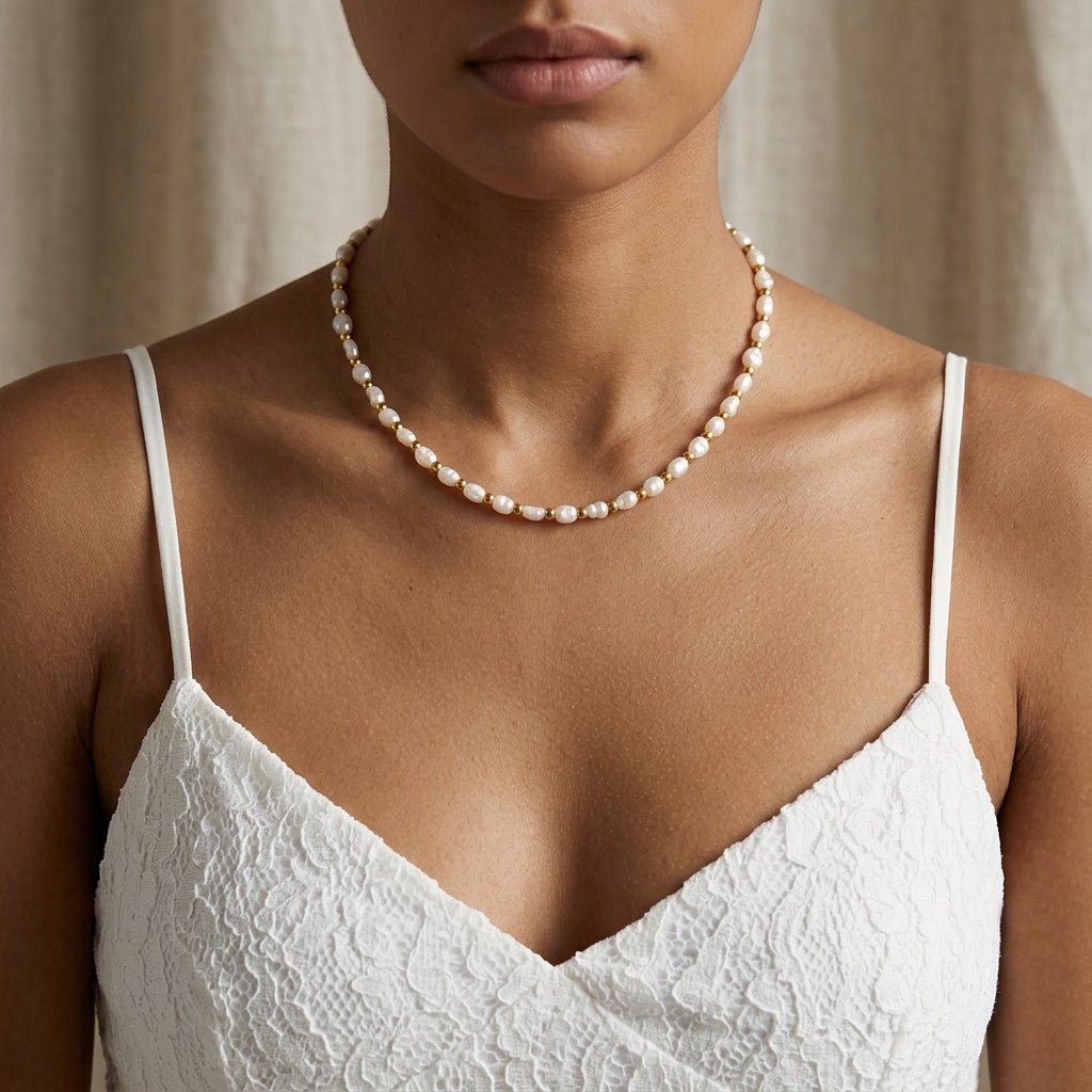 pearl and gold bead choker necklace with delicate freshwater pearls