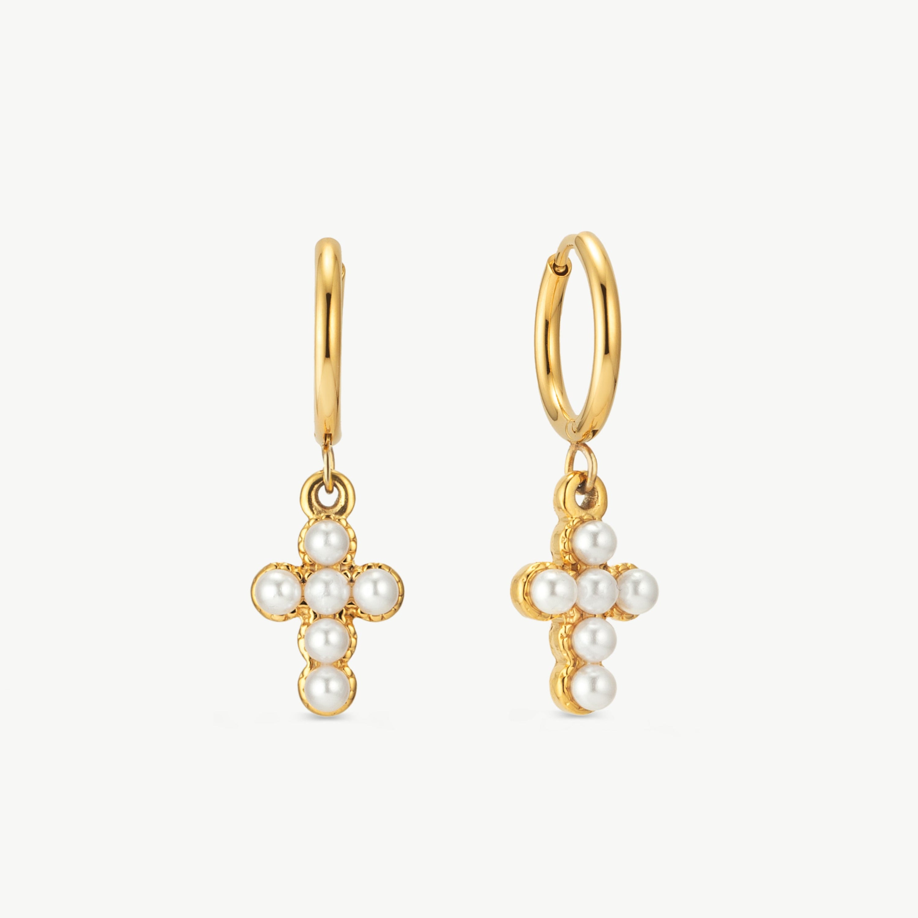 pearl cross earrings gold pearl cross drop earrings cross huggie earrings waterproof pearl cross earrings religious pearl earrings