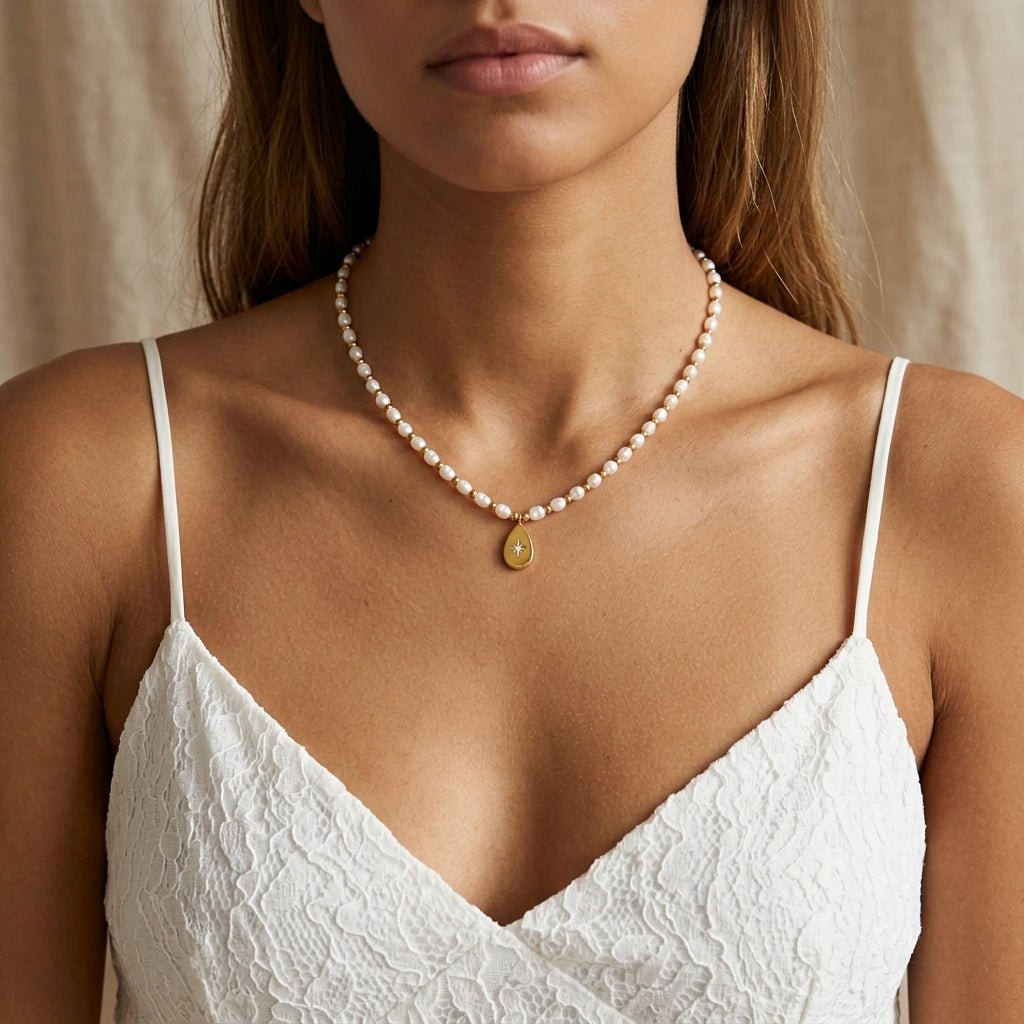 pearl star pendant necklace with white pearls and a gold celestial charm
