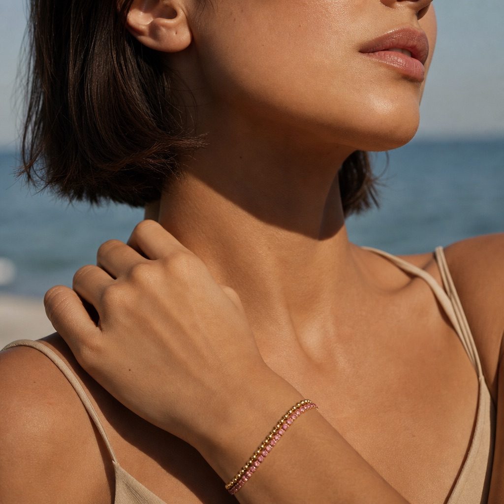 pink cubic zirconia tennis bracelet with sparkling pink CZ stones in a delicate gold-tone setting
