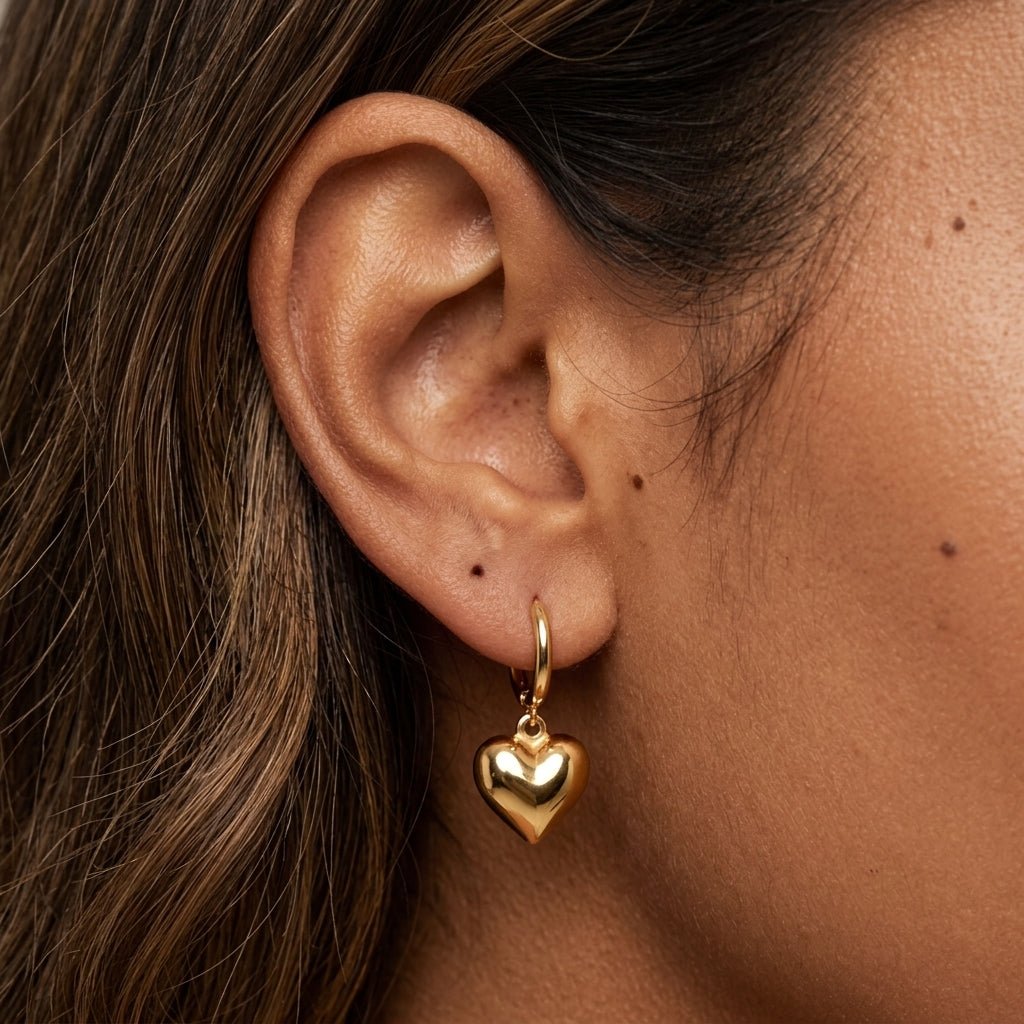 puffy heart drop earrings with delicate gold hoops