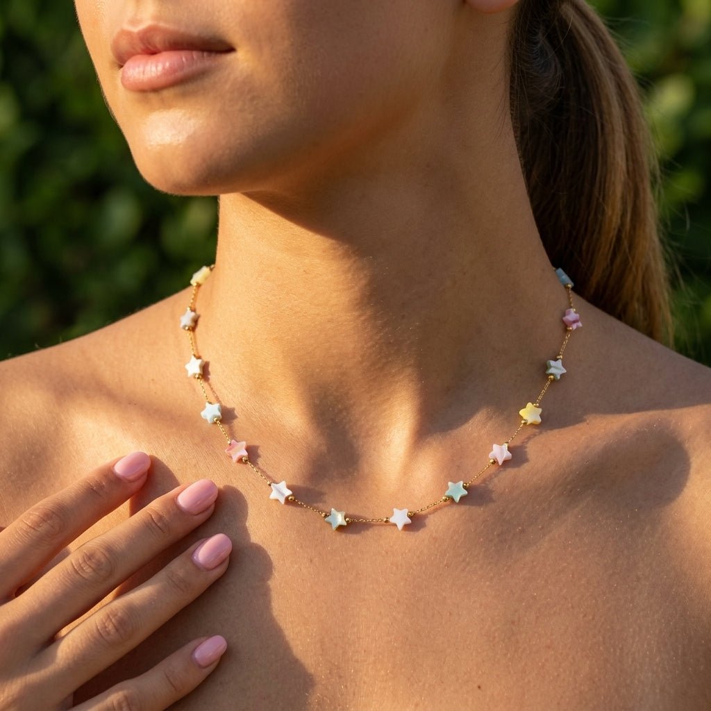 rainbow star necklace with multicolor star beads