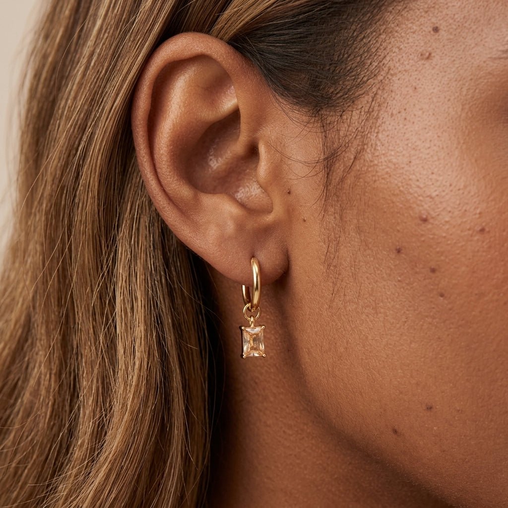 rectangular crystal earrings with elegant gold hoop detailing