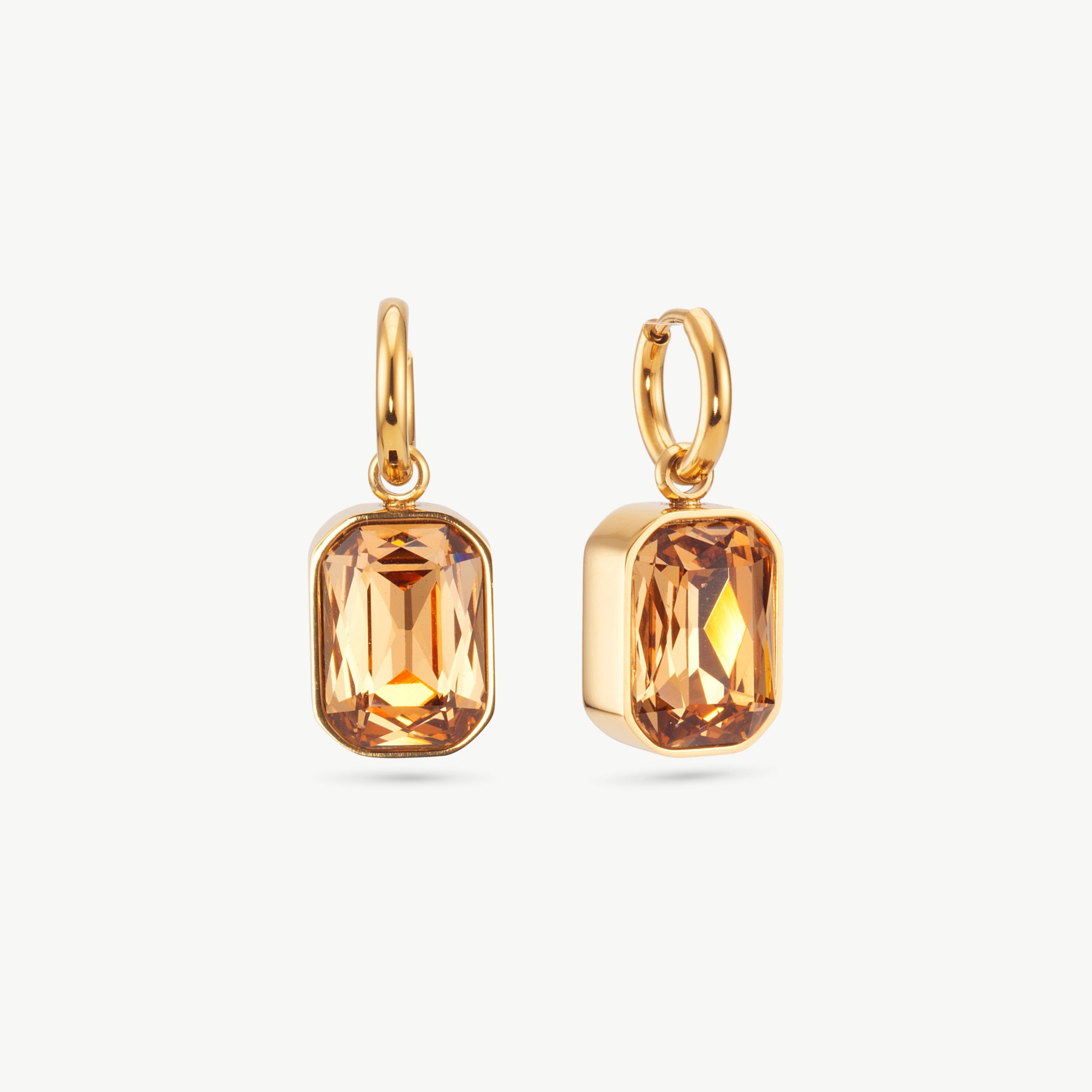 rectangular crystal earrings gold cz drop earrings with brown crystal detail creating a bold modern brown and gold earrings look