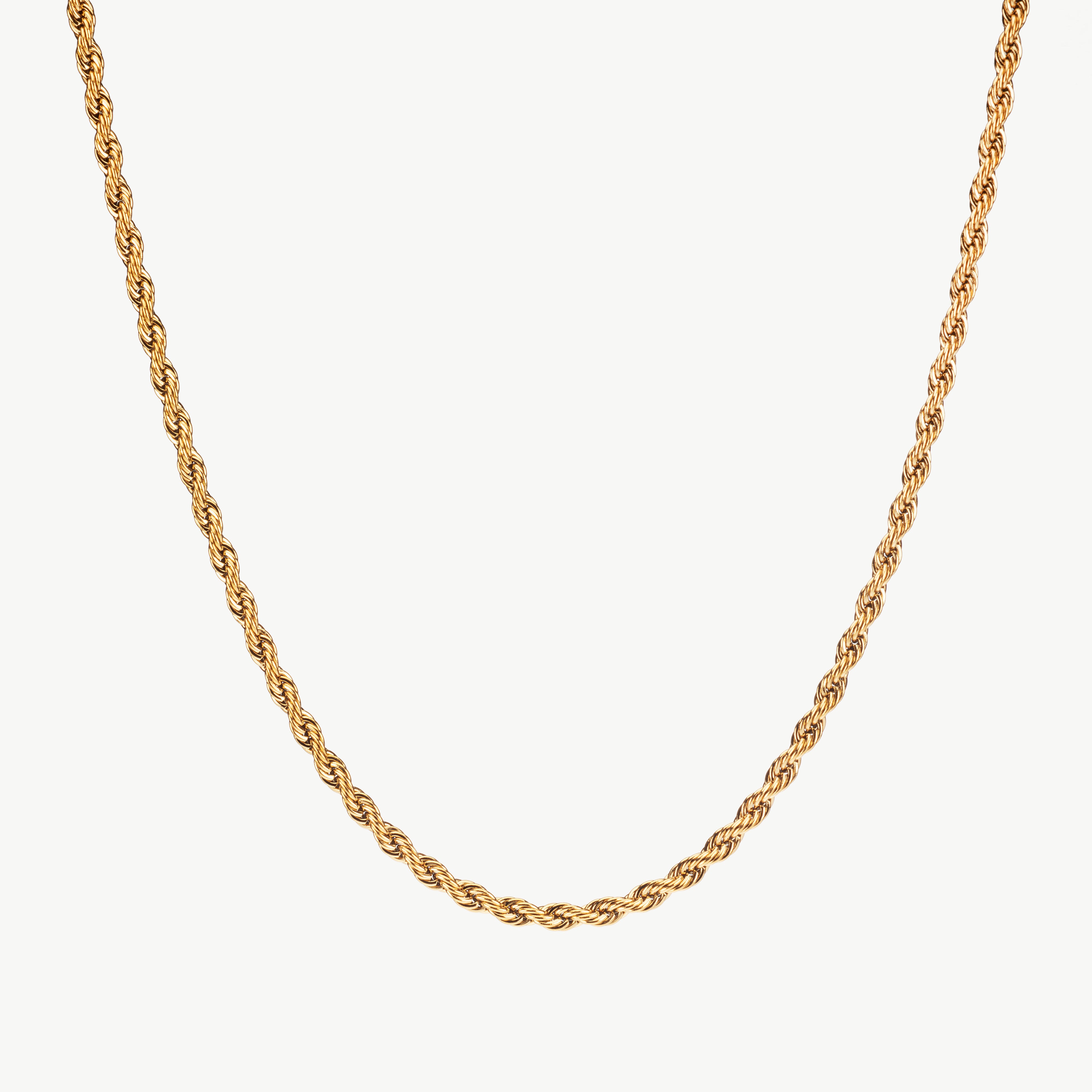 rope chain necklace in gold with twisted links, gold rope chain necklace with polished finish and classic spiral chain detail