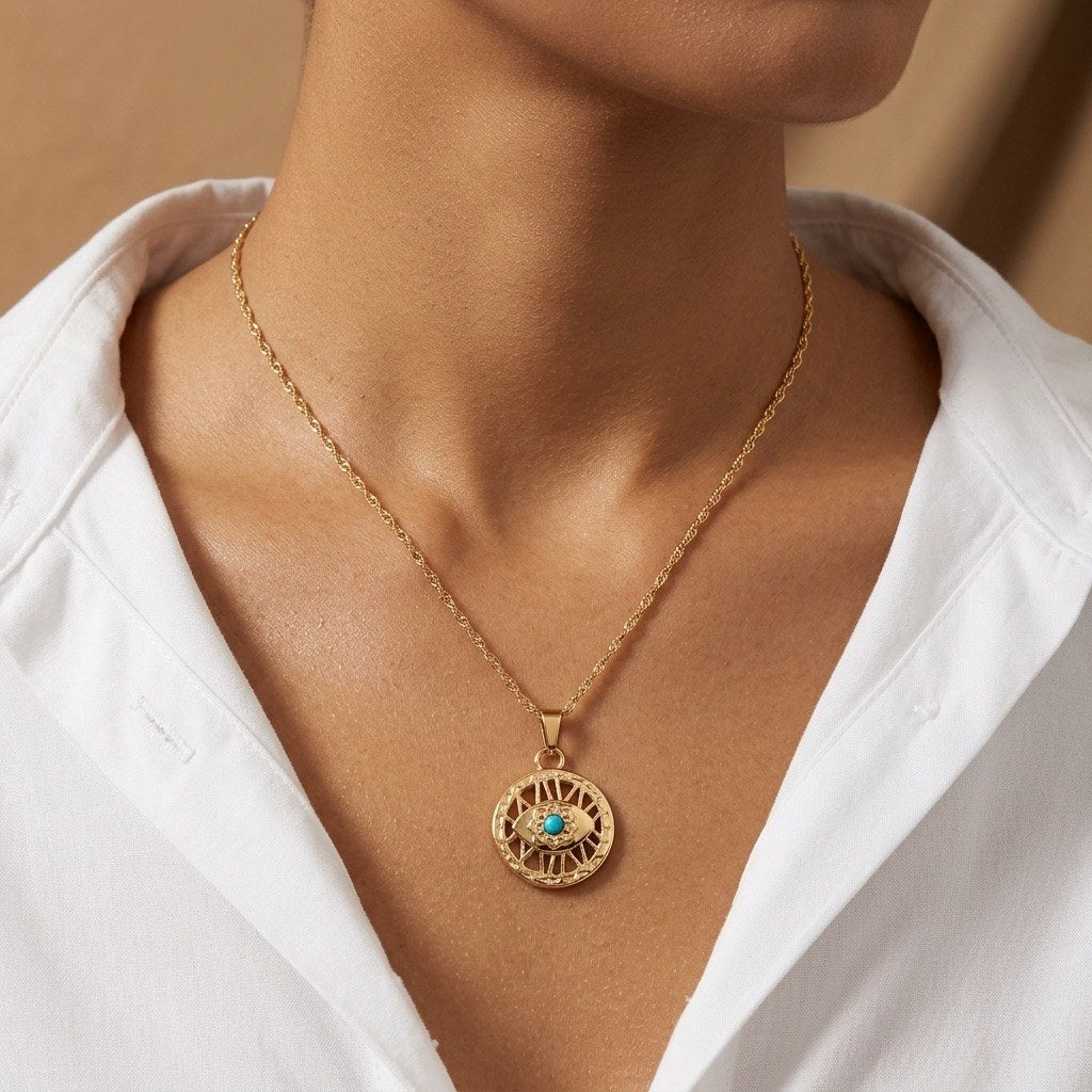 round evil eye medallion necklace in gold with a vibrant turquoise center