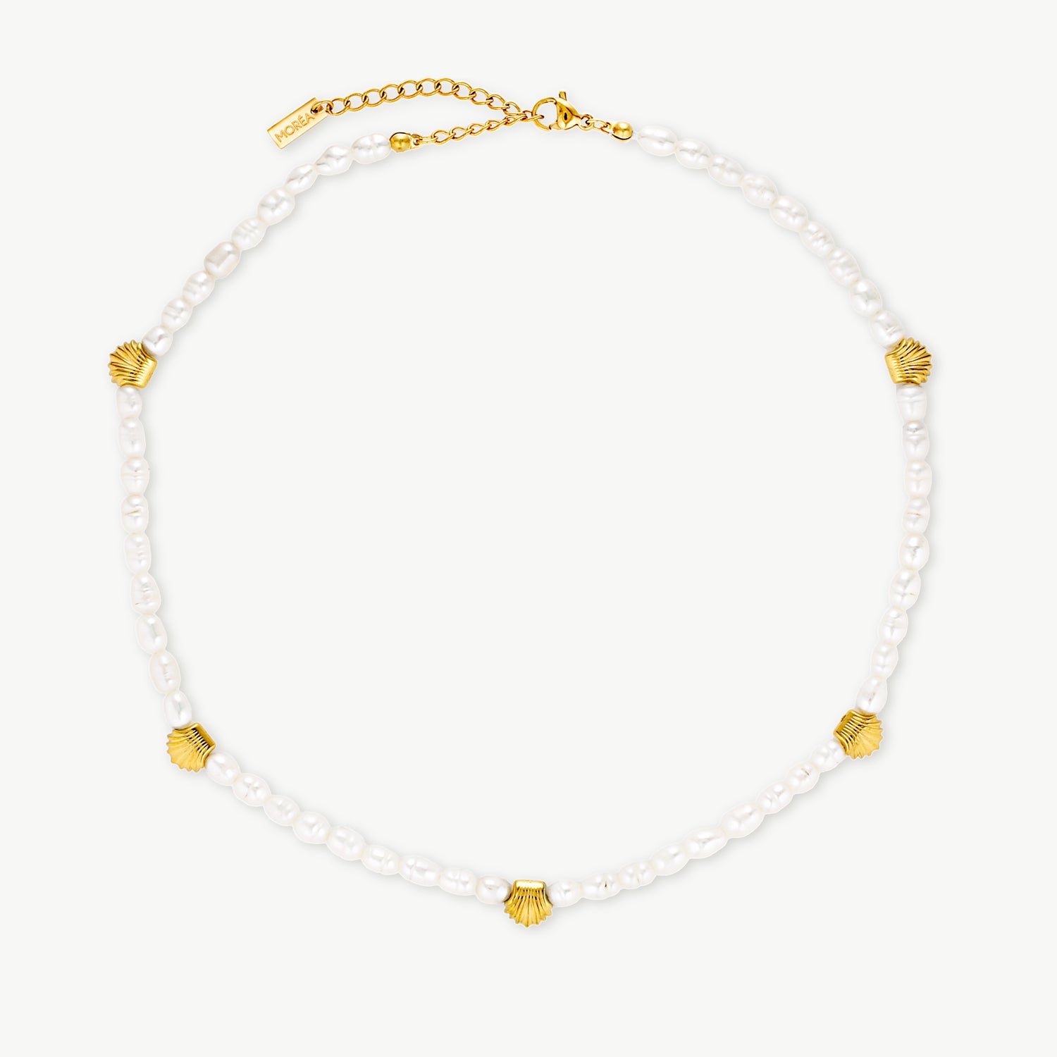 shell and pearl necklace with genuine freshwater pearls and gold seashell details