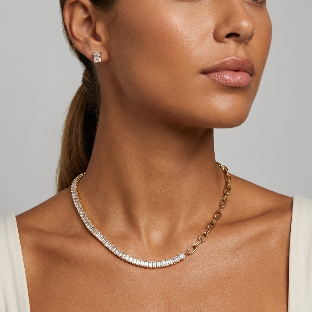 sparkle choker necklace with cubic zirconia stones, chunky gold chain and toggle clasp