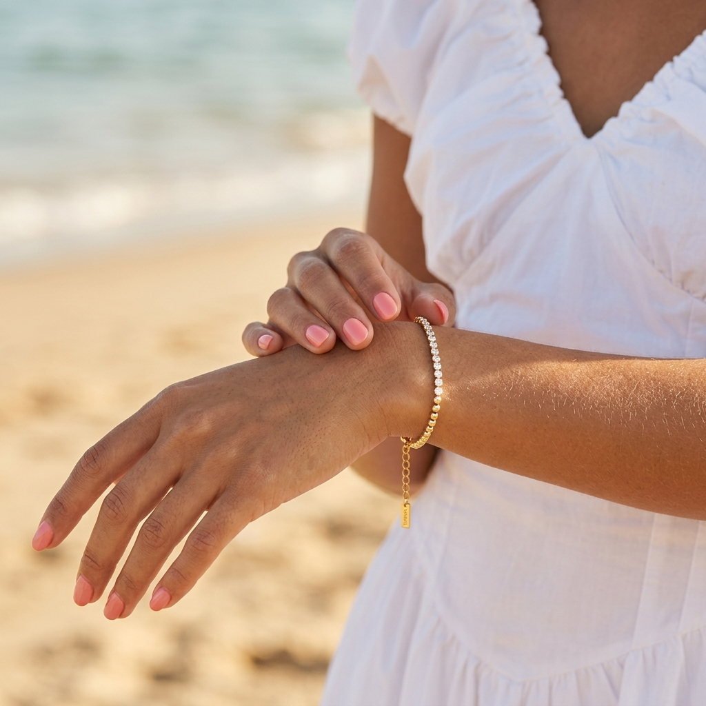 sparkling gold tennis bracelet for women styled as an elegant everyday accessory