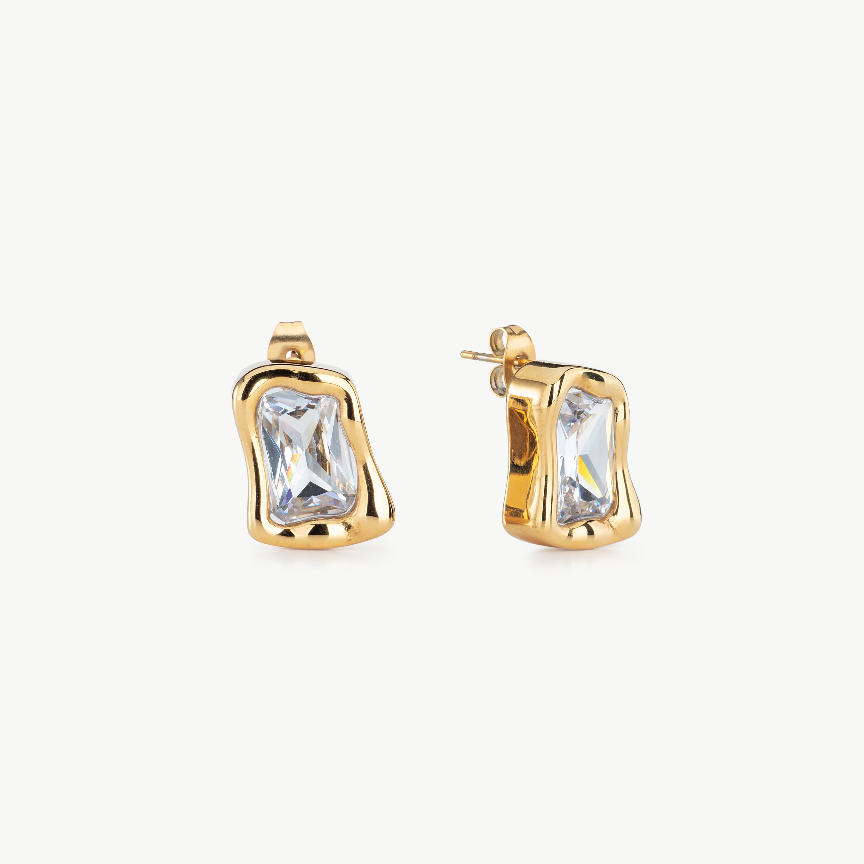 square cubic zirconia earrings gold cz stud earrings with sparkling square crystal stones in elegant gold setting for evening and glam jewelry styling