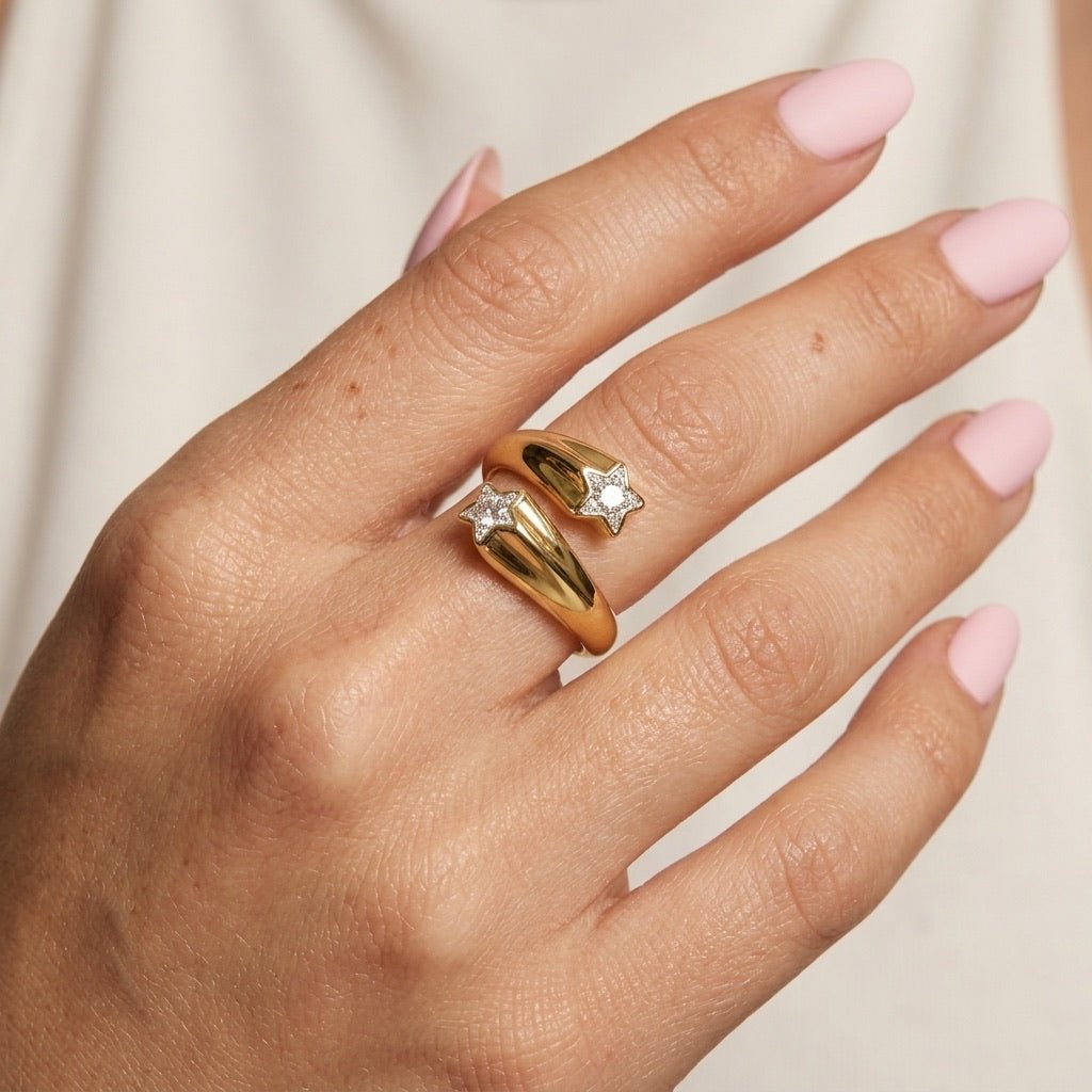 star stacking ring with sparkling pavé stars and a polished gold open band design