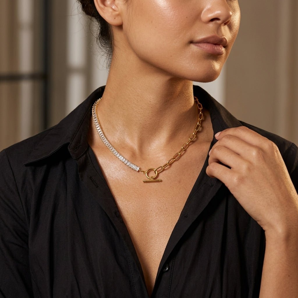 tennis and chain choker necklace with cubic zirconia stones, gold links and front toggle clasp