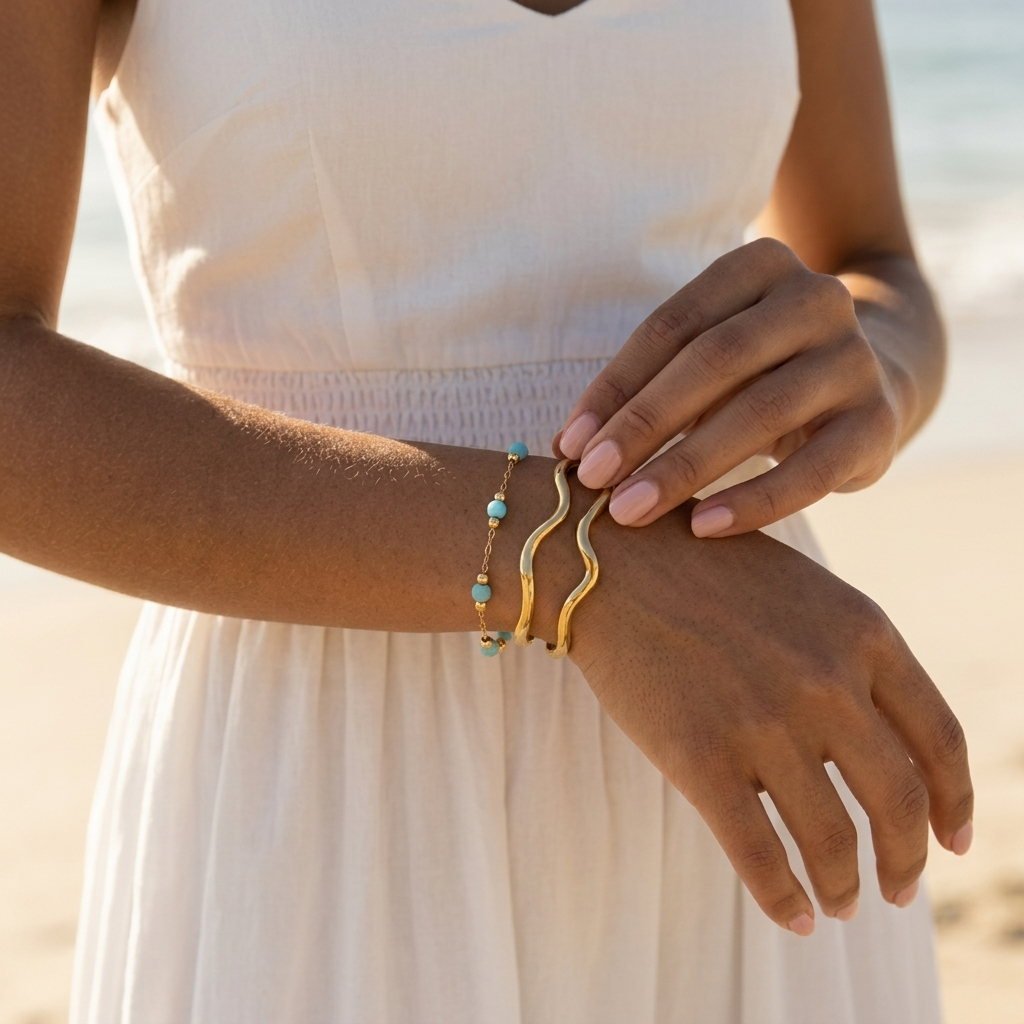 turquoise beaded bracelet for women featuring delicate blue beads and gold accents