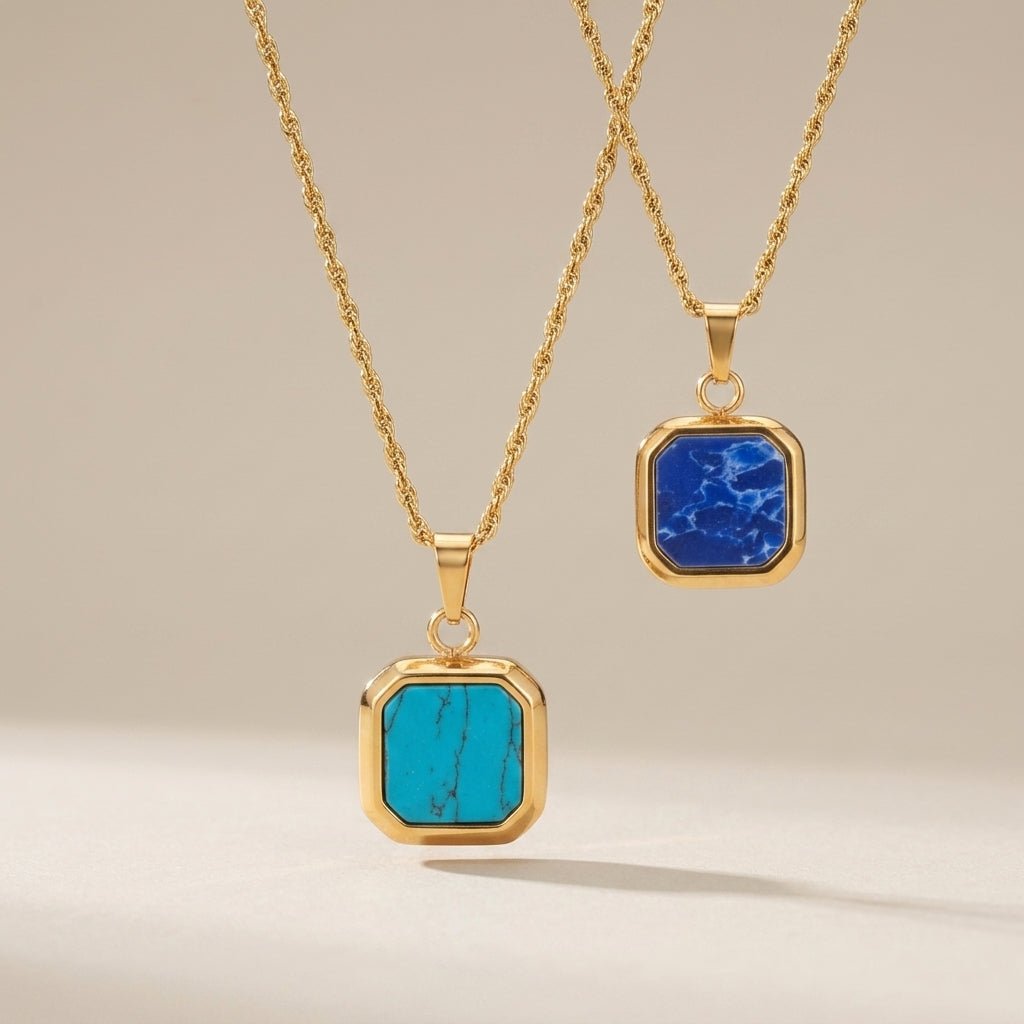 turquoise and blue stone gold necklaces with square pendants and twisted rope chains