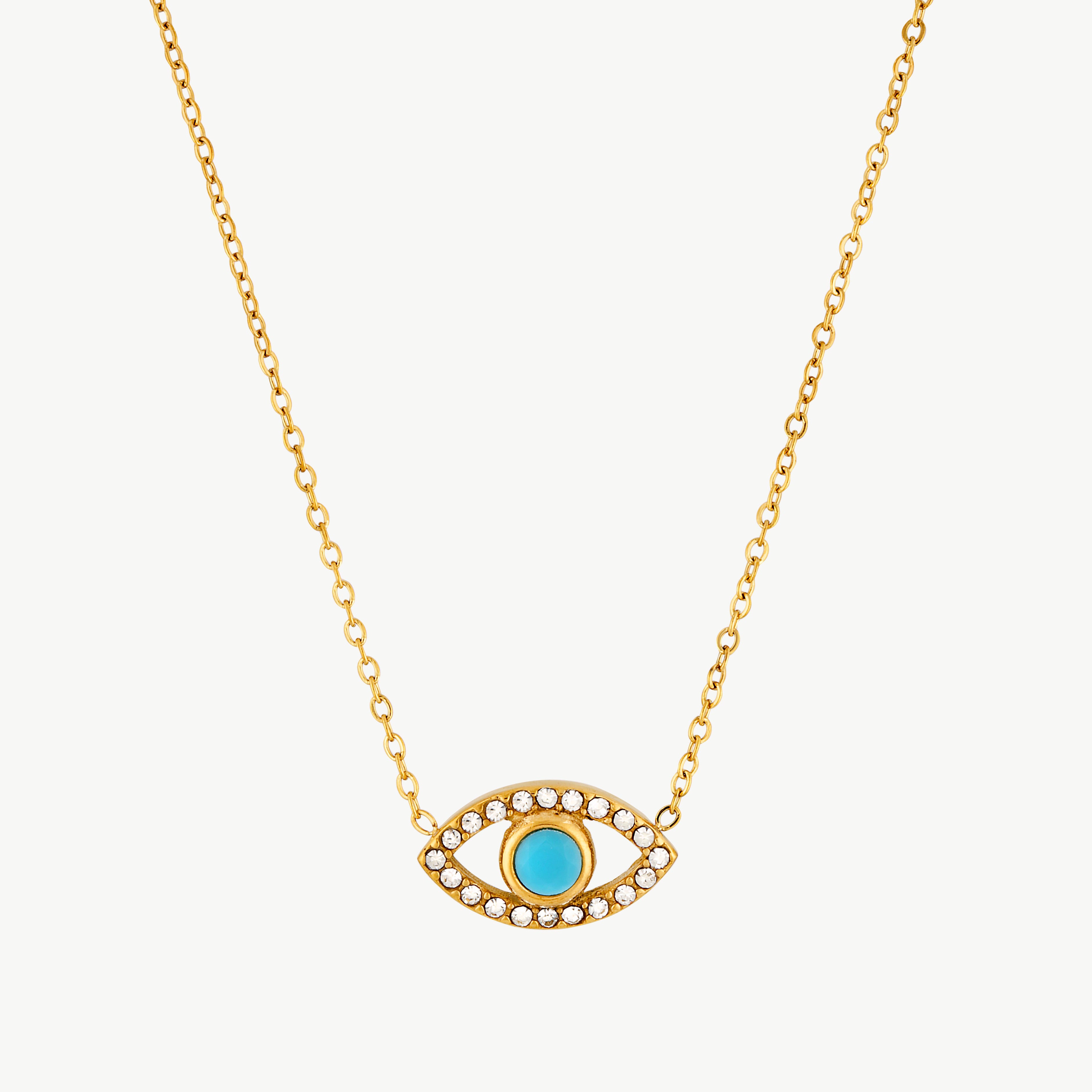 turquoise evil eye necklace with gold eye pendant turquoise center and sparkling cubic zirconia stones on a delicate chain
