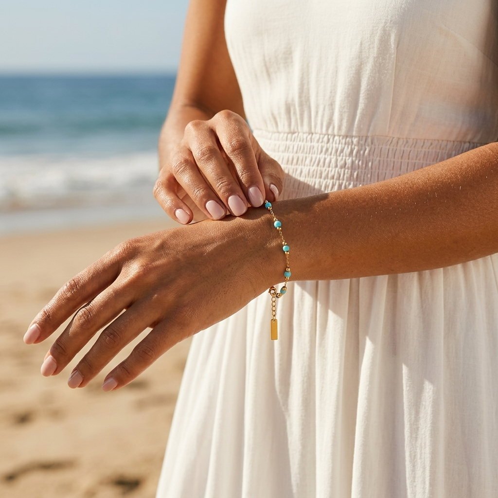 turquoise station bracelet for women featuring blue beads and a delicate gold chain